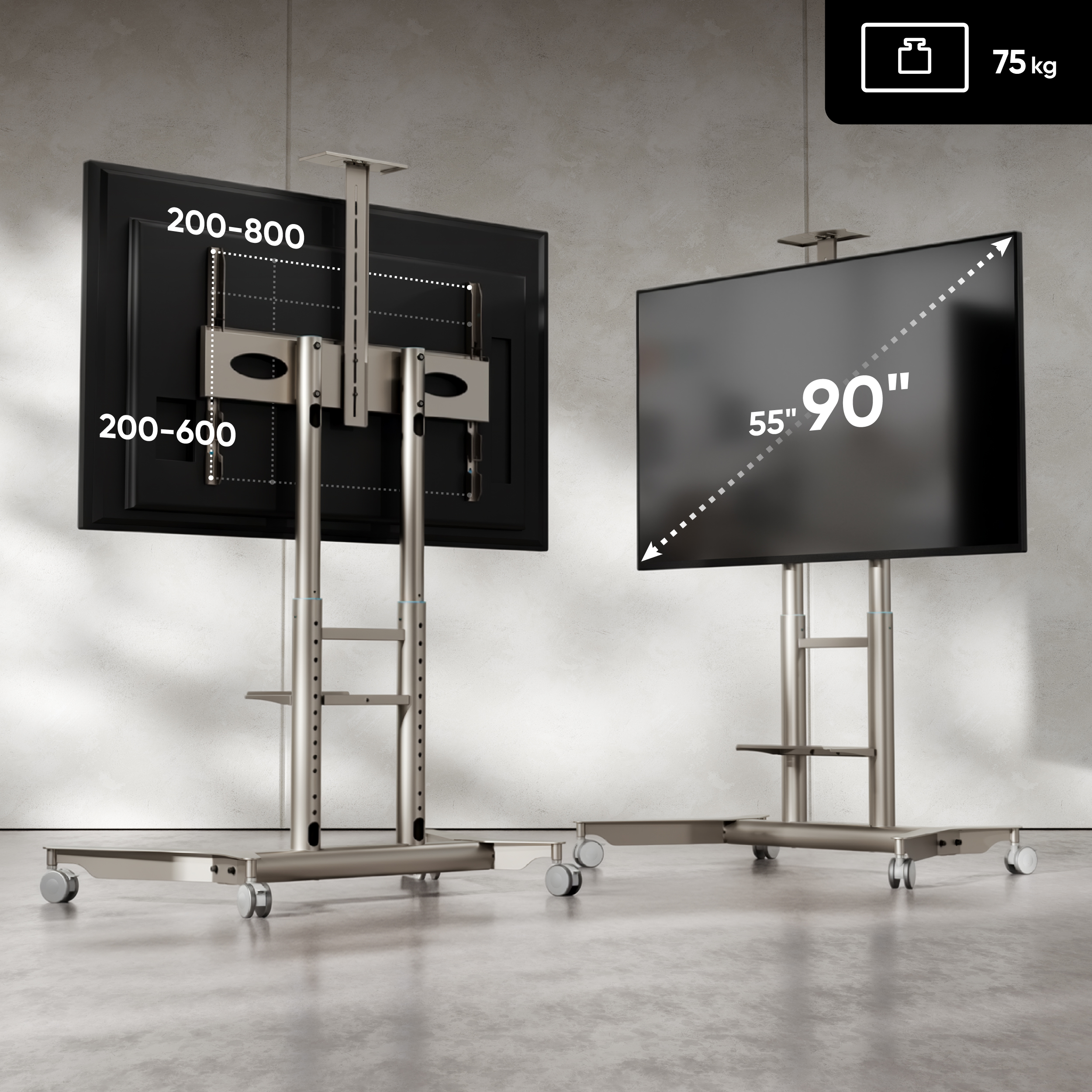 Zwei TV-Ständer mit Rollen. Einer zeigt die Rückseite mit Maßen 200-800 und 200-600.