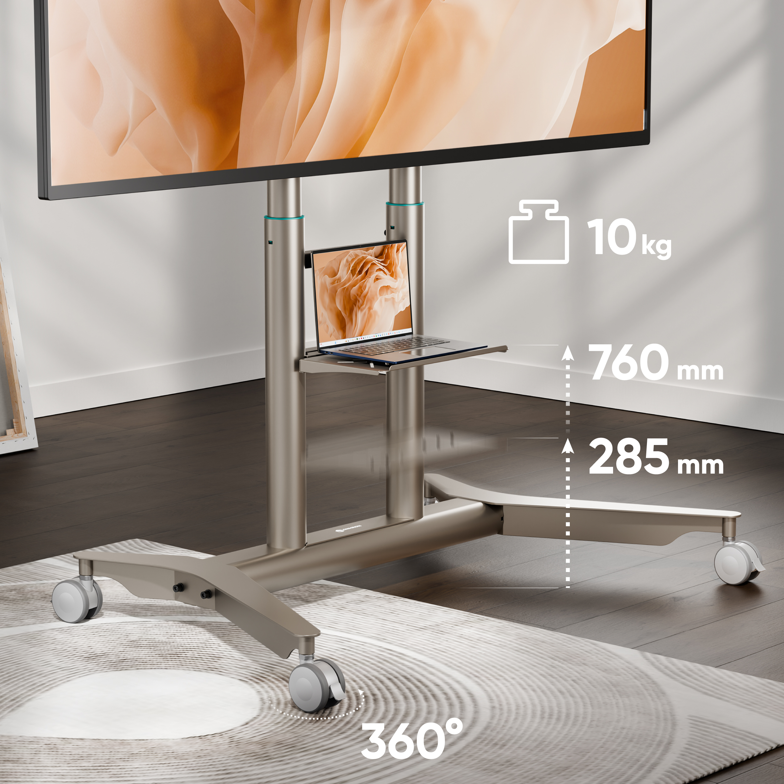 Mobiler TV-Ständer mit Laptopablage, 10kg Traglast, 760mm Höhe, 285mm Tiefe, 360° drehbar.