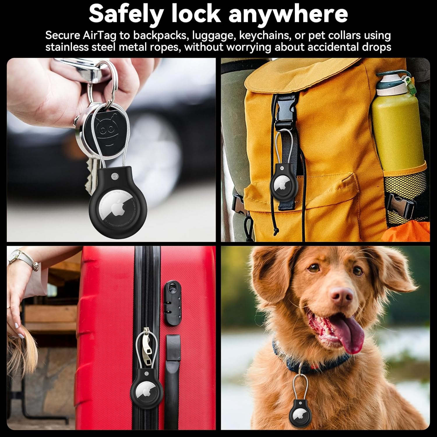 Vier Bilder zeigen AirTag-Befestigungen: Schlüsselbund, Rucksack, Koffer und Hundehalsband.
