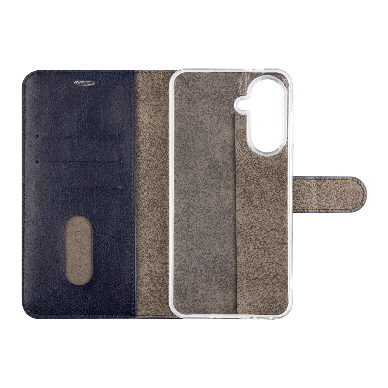 Dunkelblaues Flipcase mit Kartenfächern und durchsichtiger Handyhalterung.