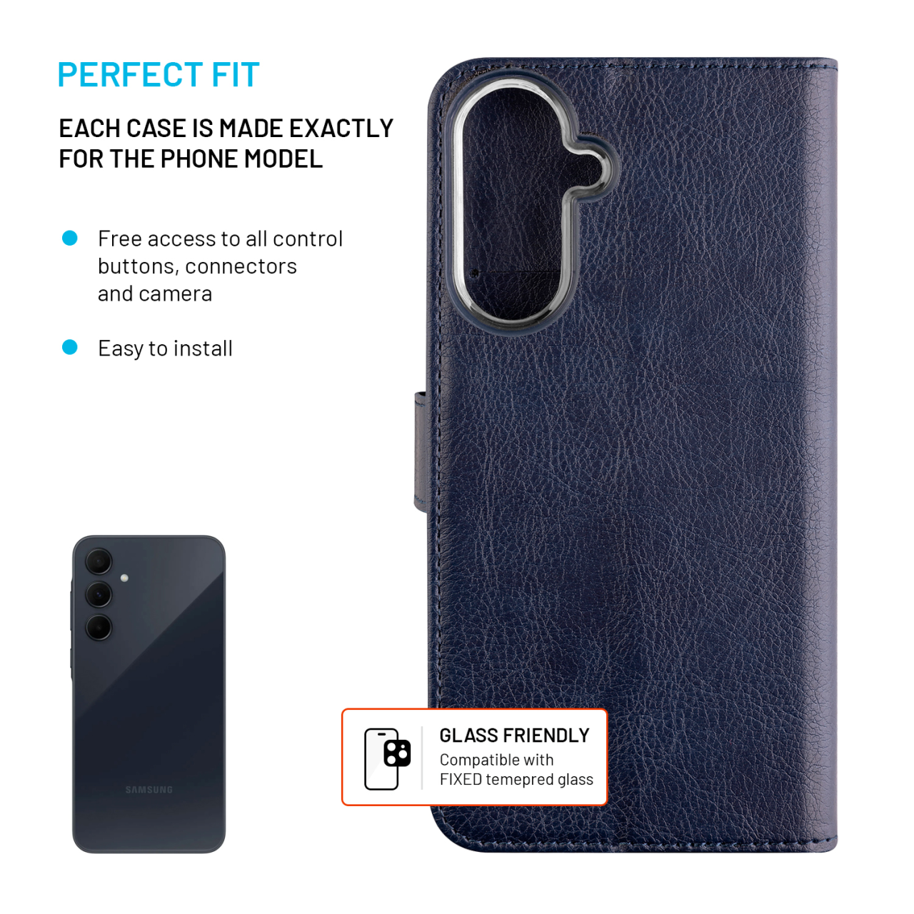 Dunkelblaue Handyhülle im geschlossenen Zustand, daneben ein Handy.