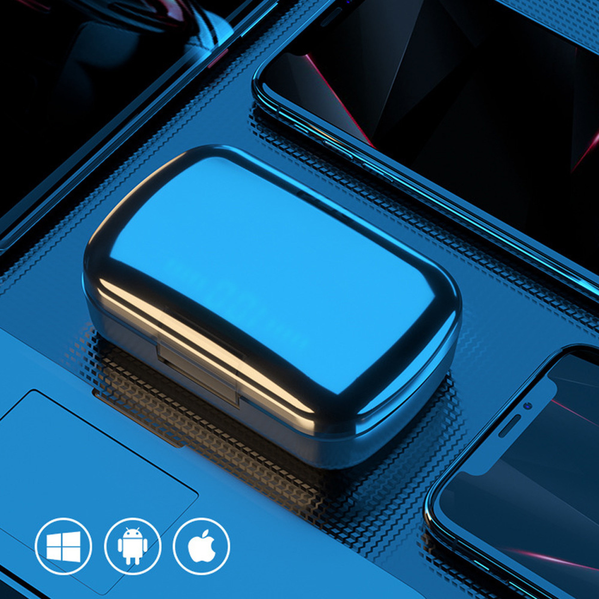 Eine blau leuchtende Ladehülle liegt auf gemusterter Oberfläche mit Handy-Symbolen.