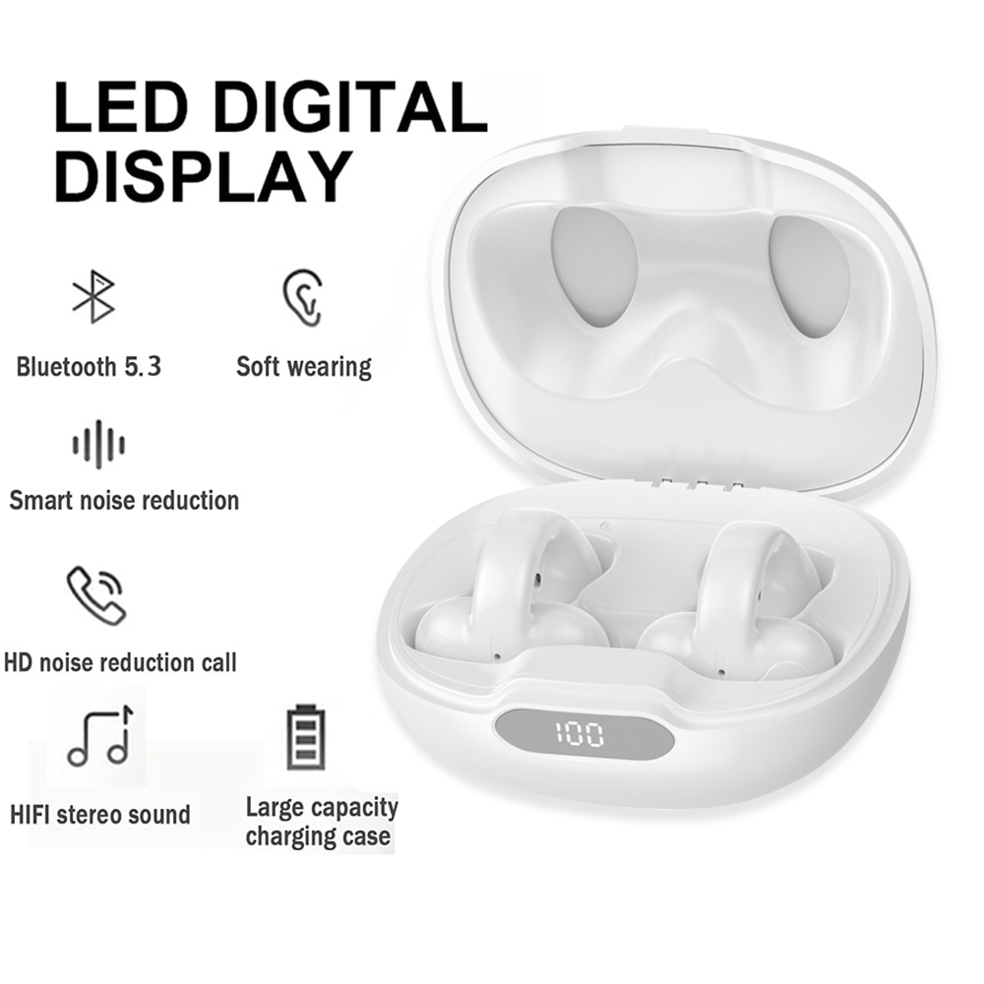Weiße kabellose Ohrhörer mit Ladecase und LED-Anzeige. Features: Bluetooth 5.3, Geräuschreduzierung, HIFI-Sound.