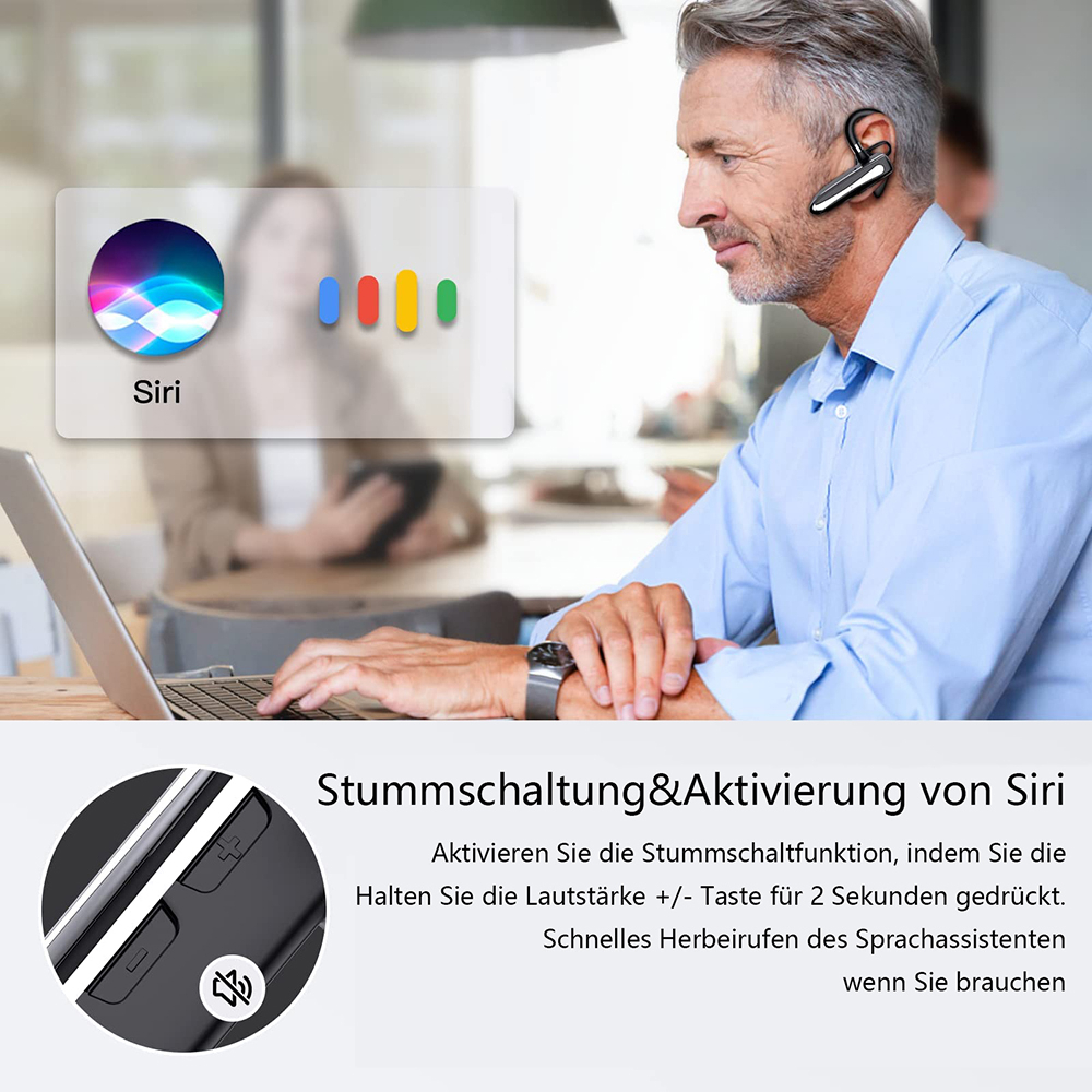 Mann mit Headset am Ohr tippt auf Laptop, Siri-Symbol sichtbar.