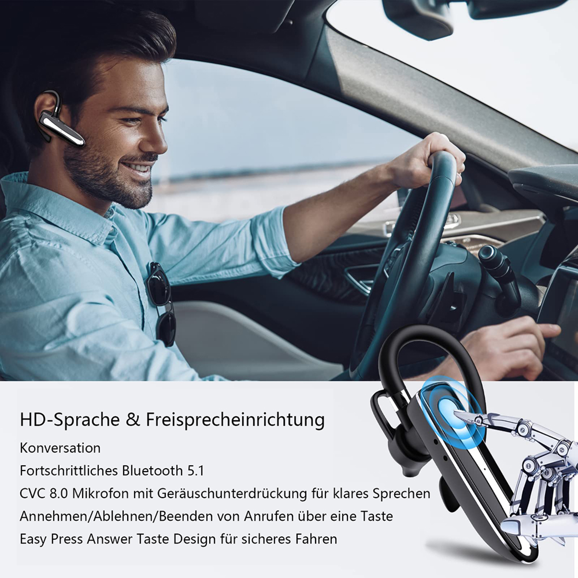 Mann im Auto mit Headset, das auf Freisprechen hinweist.