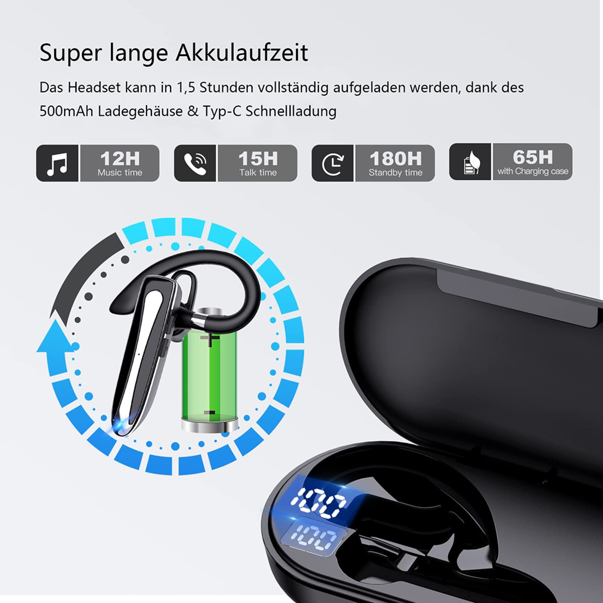 Ein Headset mit Ladeanzeige, Akku und Ladecase. Lange Akkulaufzeit.