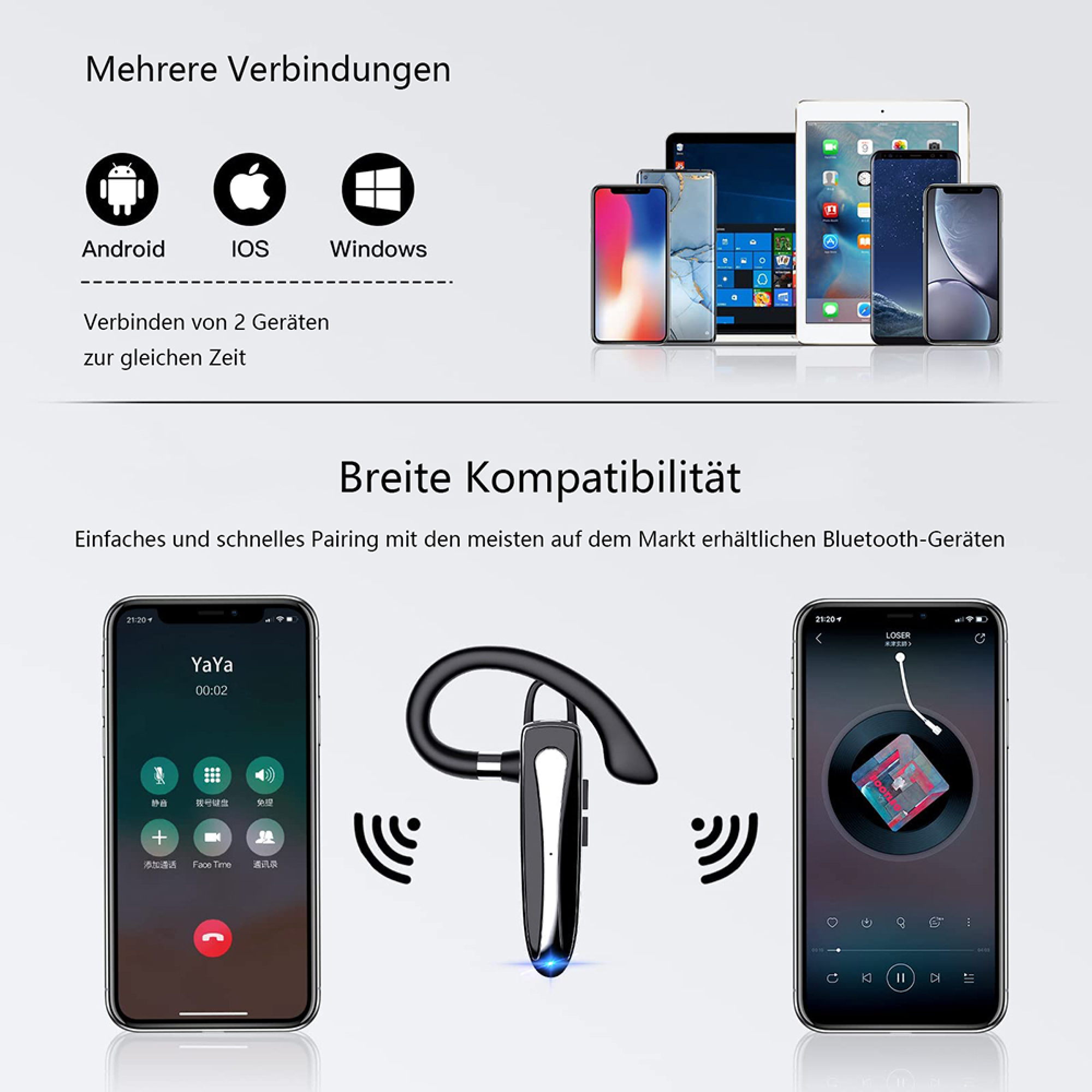 Bluetooth-Headset, das mit Android, iOS, Windows-Geräten und mehr verbunden werden kann.