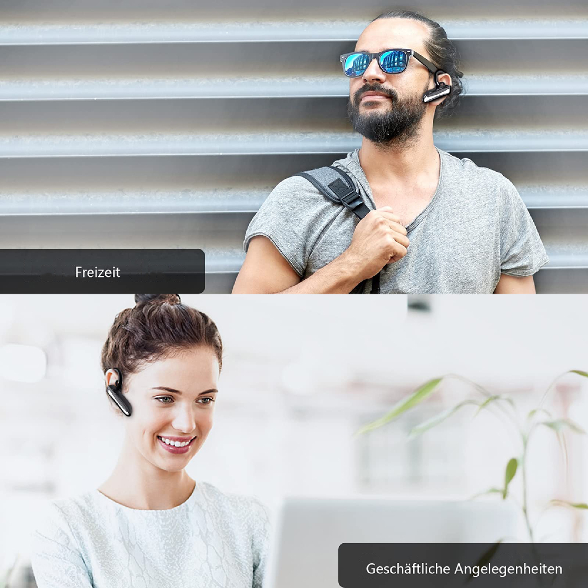 Mann mit Sonnenbrille und Frau mit Headset in geteiltem Bild.