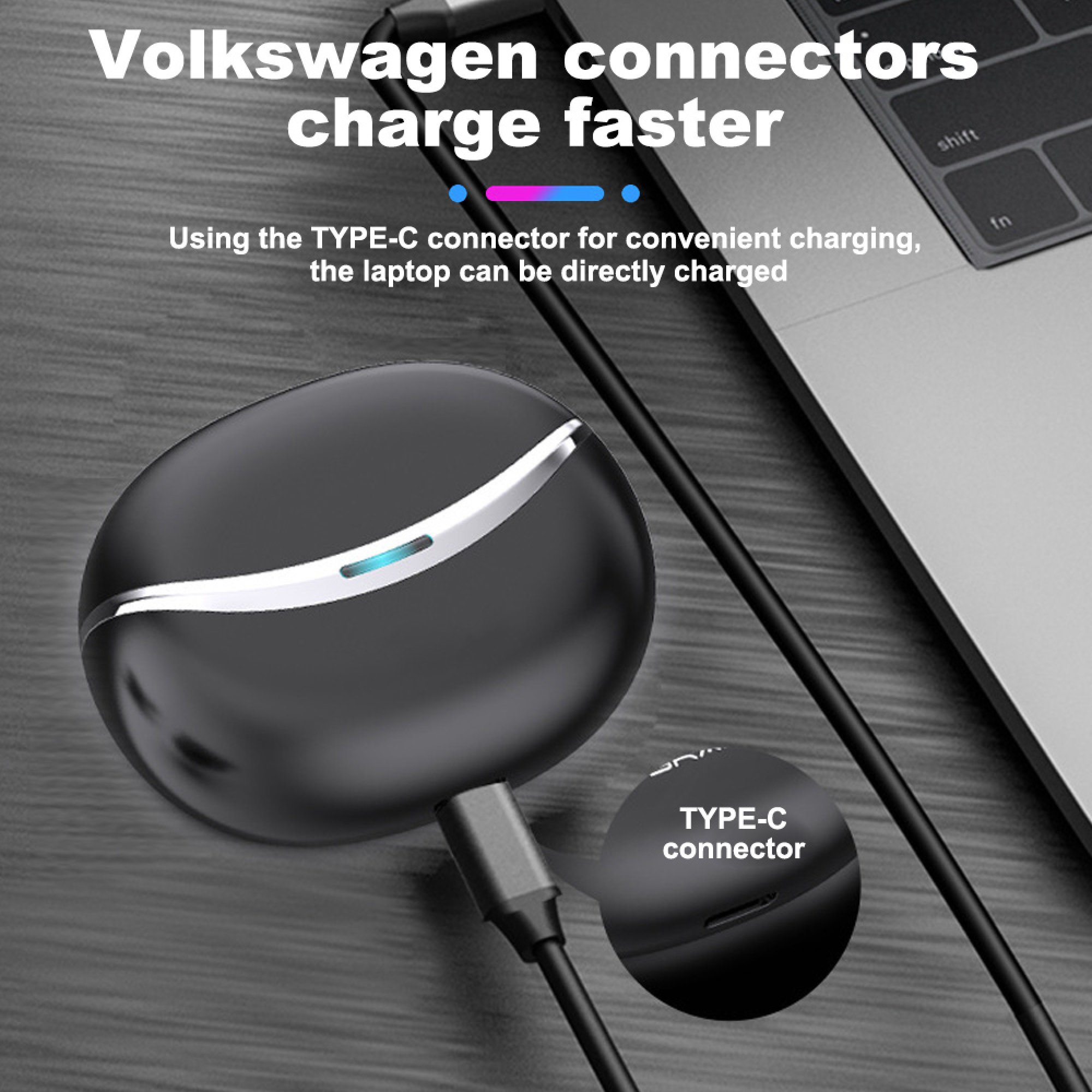Schwarzes ovales Ladeetui, verbunden mit einem Laptop über ein USB-C-Kabel.