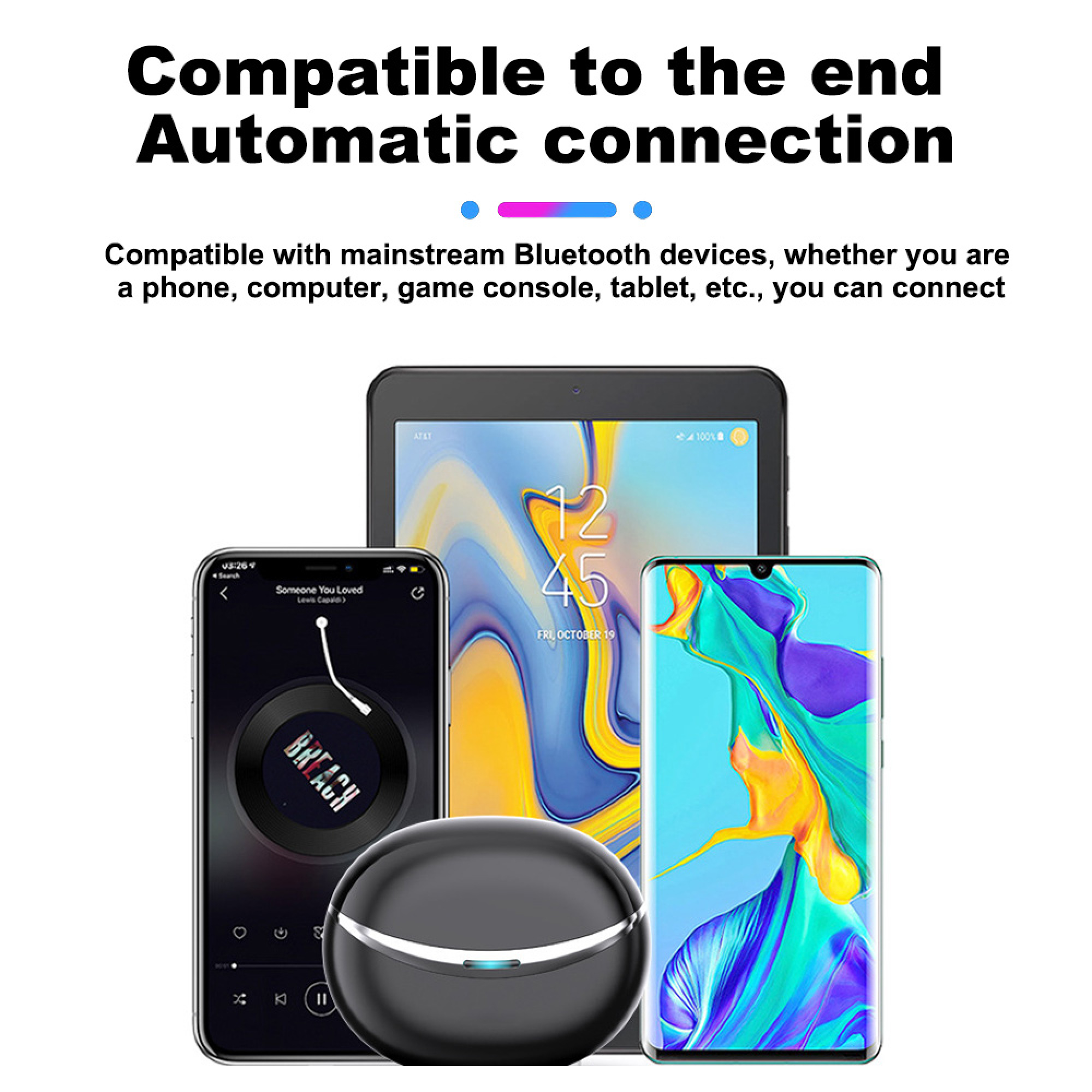 Ein schwarzes Ladeetui mit drei Smartphones und einem Tablet dahinter.