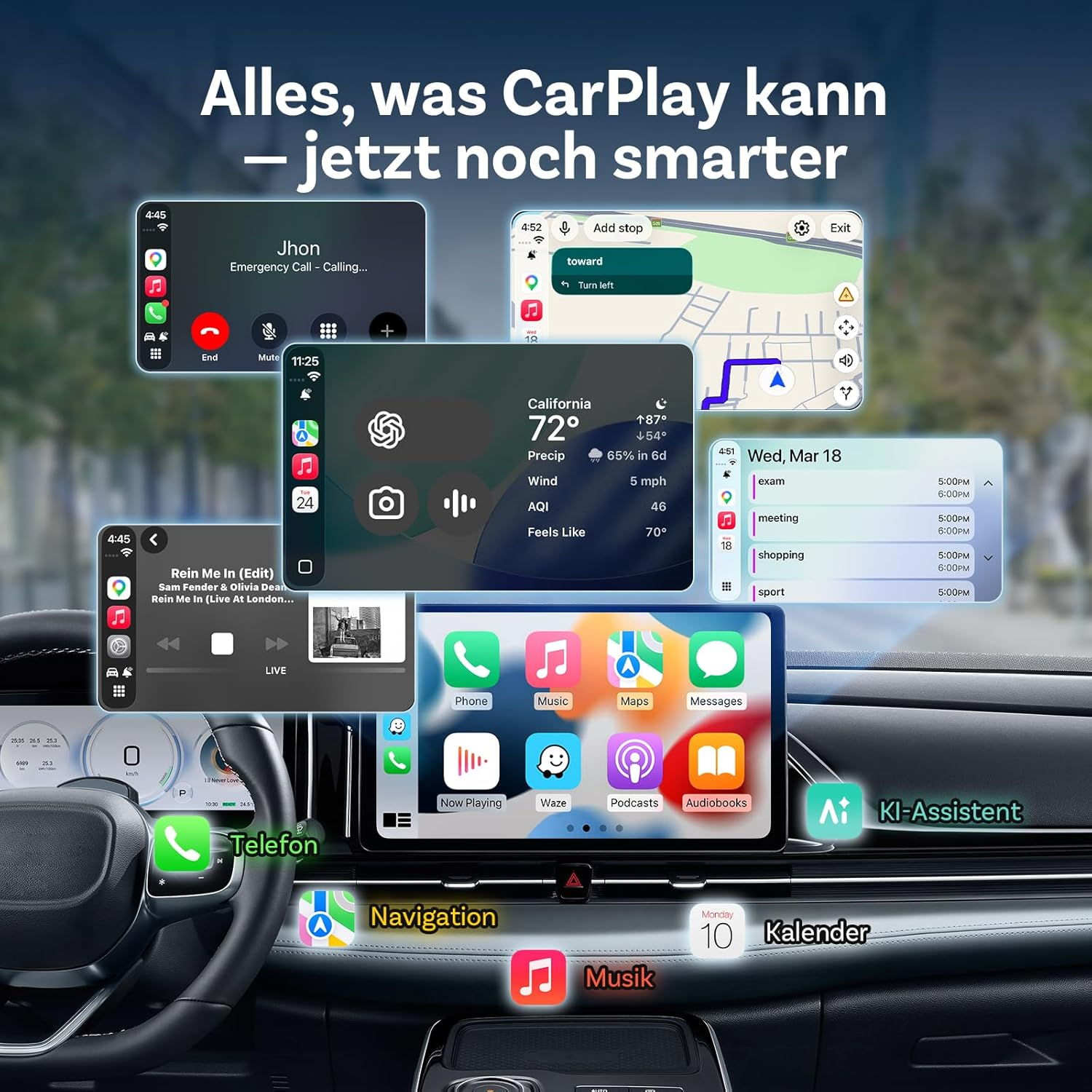 Das Bild zeigt ein Auto-Infotainmentsystem mit mehreren App-Fenstern und dem Lenkrad.