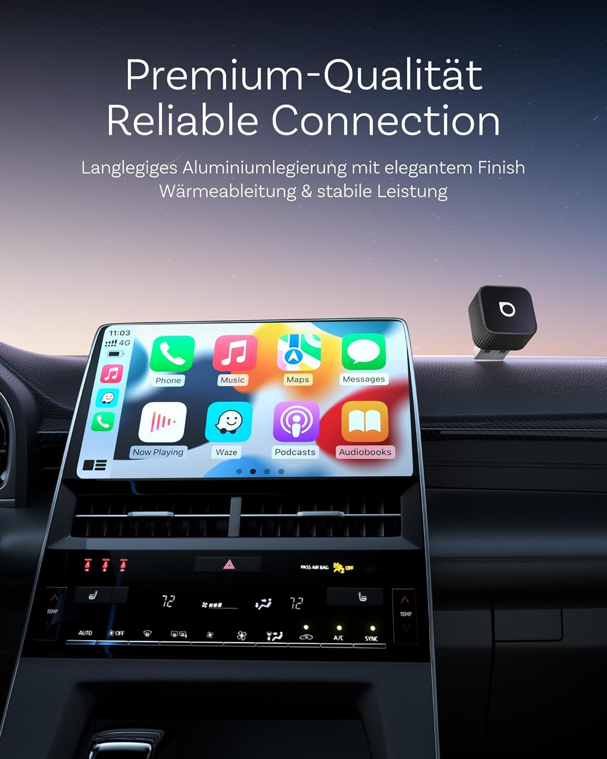Armaturenbrett eines Autos mit Touchscreen-Display und Bedienelementen.