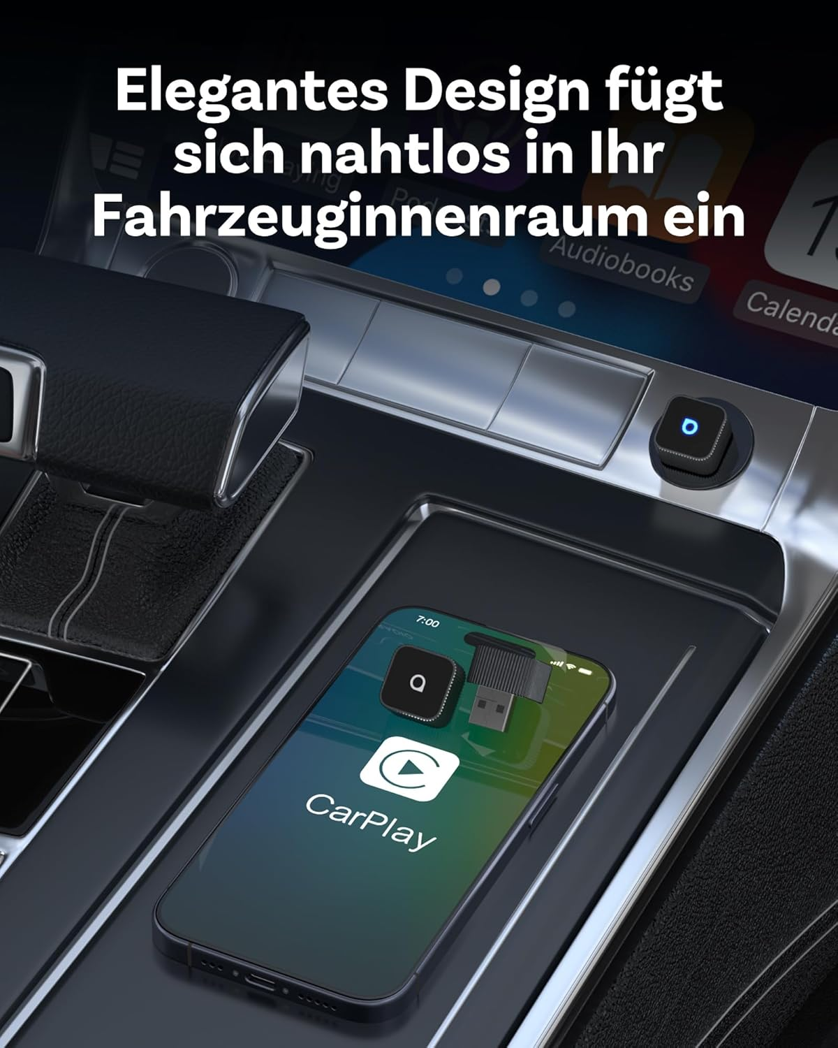 Smartphone mit CarPlay in einem Auto-Ladefach, futuristisches Design.