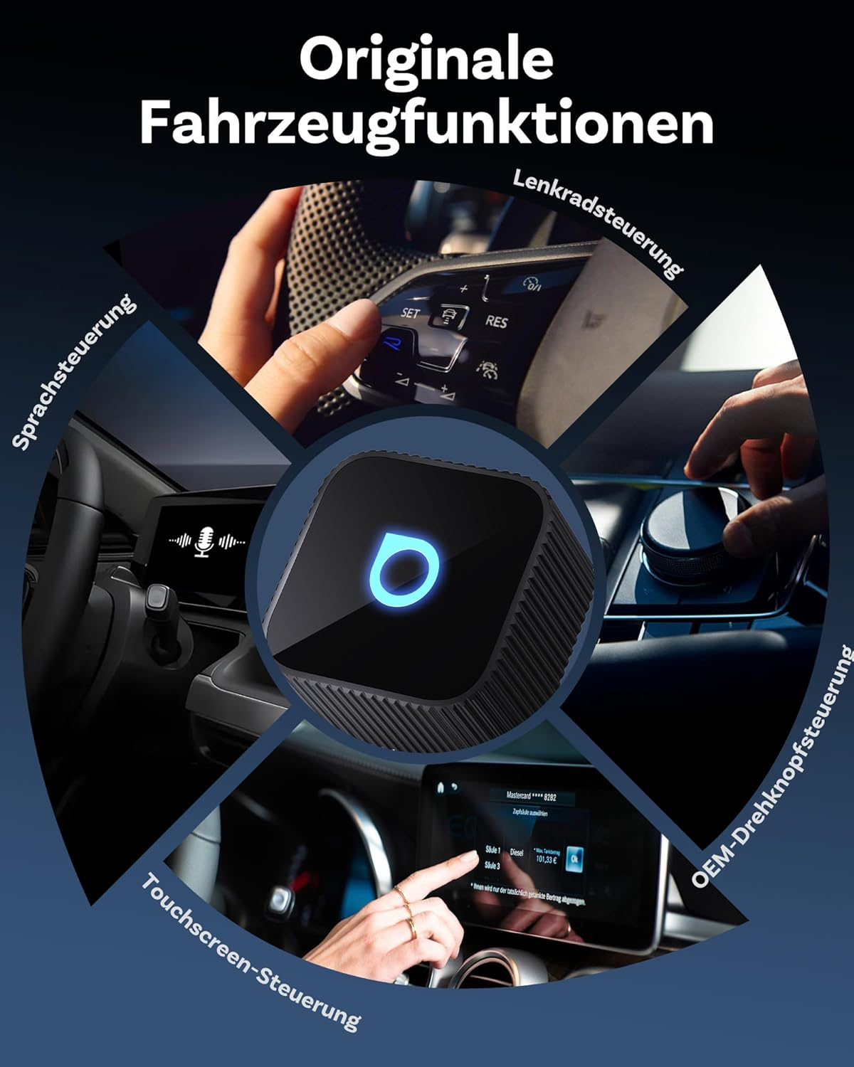 Anzeige von Fahrzeugfunktionen: Sprach-, Lenkrad-, Touchscreen- und Drehknopfsteuerung.