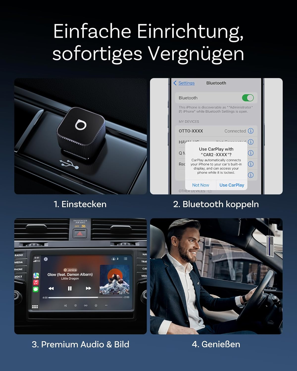 Ein kleiner schwarzer Bluetooth-Adapter wird in einen USB-Anschluss gesteckt.