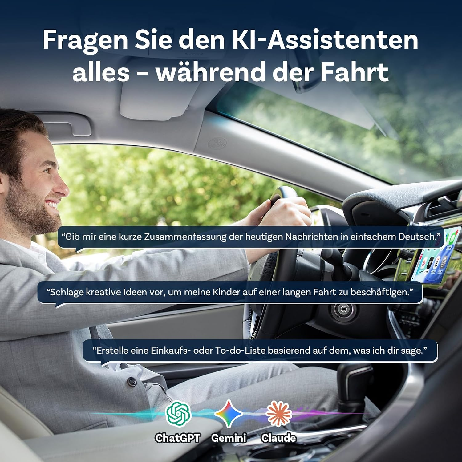 Mann fährt Auto und spricht mit KI-Assistenten, die Fragen auf dem Bildschirm beantwortet.