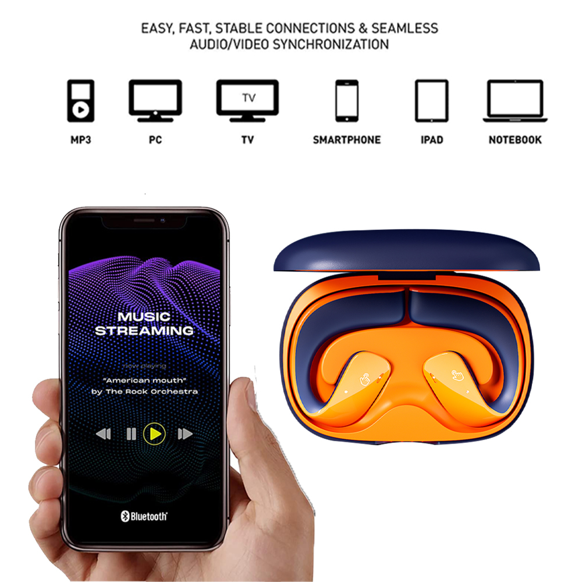 Ein Handy zeigt Musikstreaming an, daneben ein blau-oranges Ladecase für Kopfhörer.