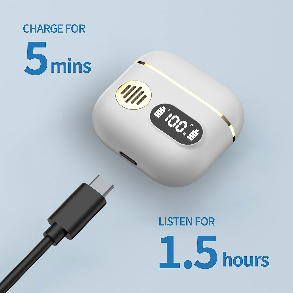 Weiße Ladehülle für Kopfhörer mit USB-C-Kabel. Ladezeit: 5 Min., Hörzeit: 1,5 Std.