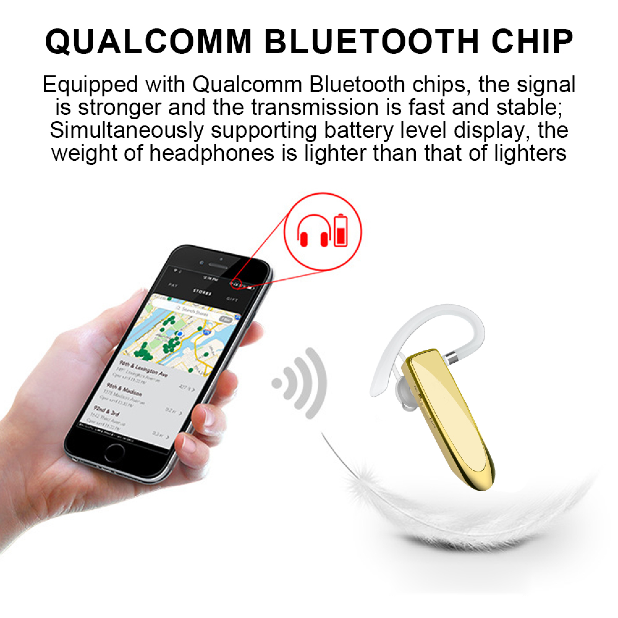 Hand hält Smartphone mit Karte; goldener Ohrhörer daneben. Qualcomm Bluetooth.