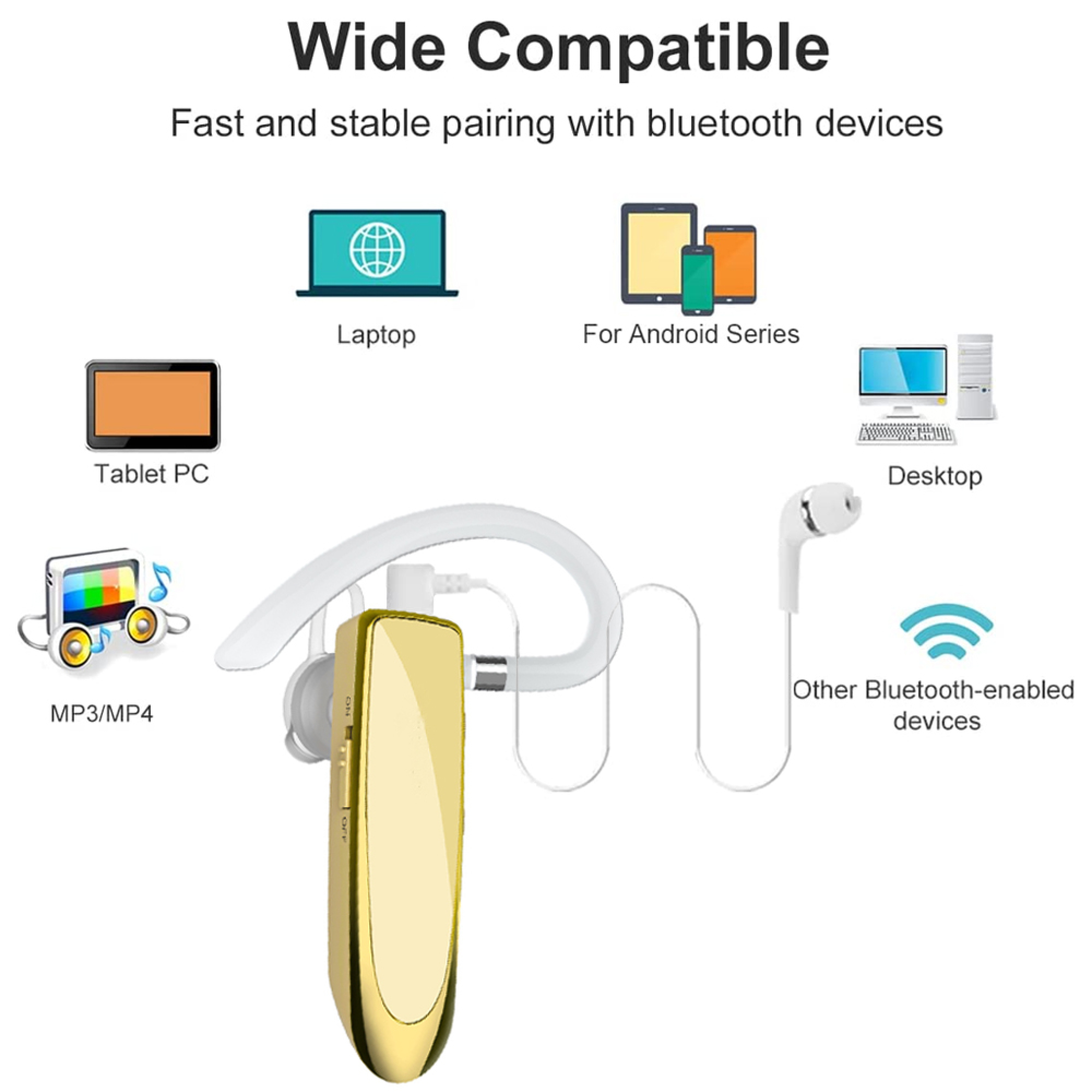 Goldene Bluetooth-Ohrhörer mit verschiedenen Geräten wie Laptops, Tablets und Smartphones.