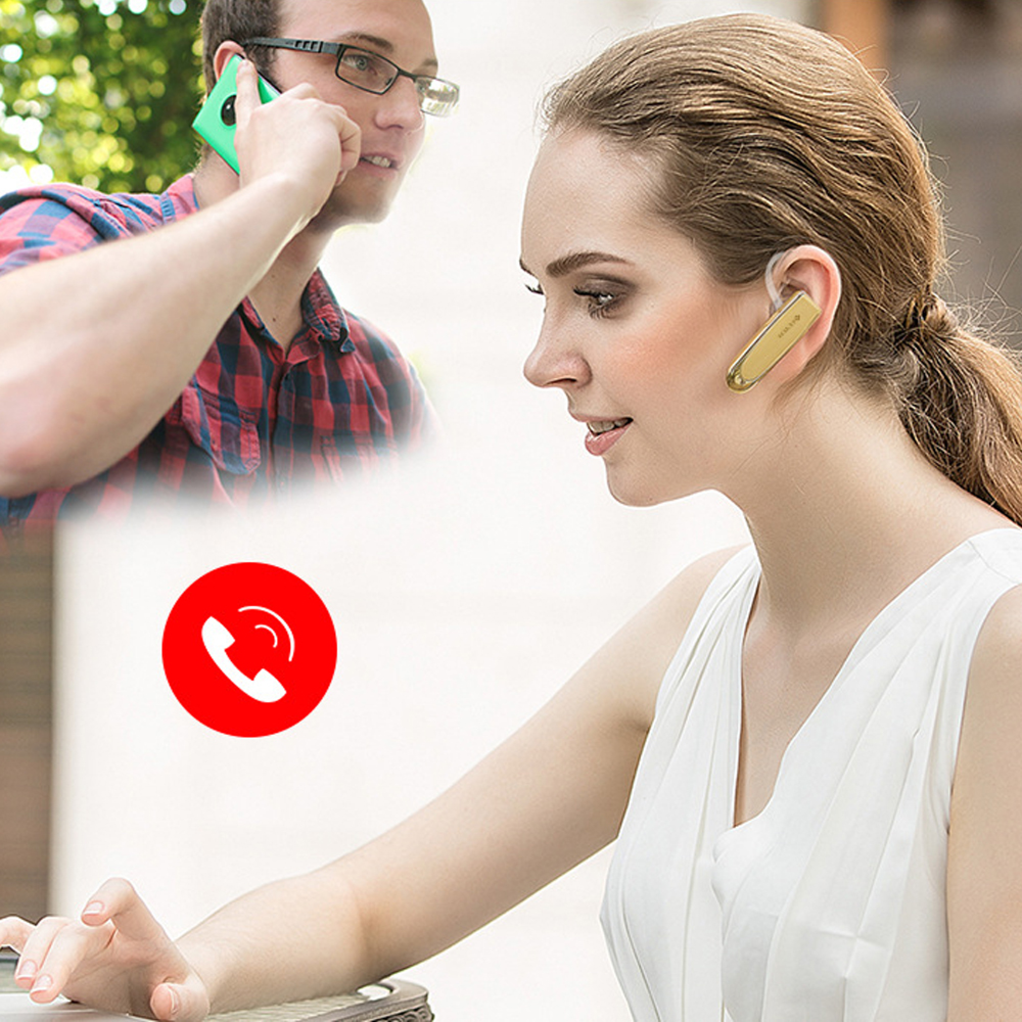 Zwei Personen telefonieren: ein Mann mit Brille und ein Frau mit Headset.
