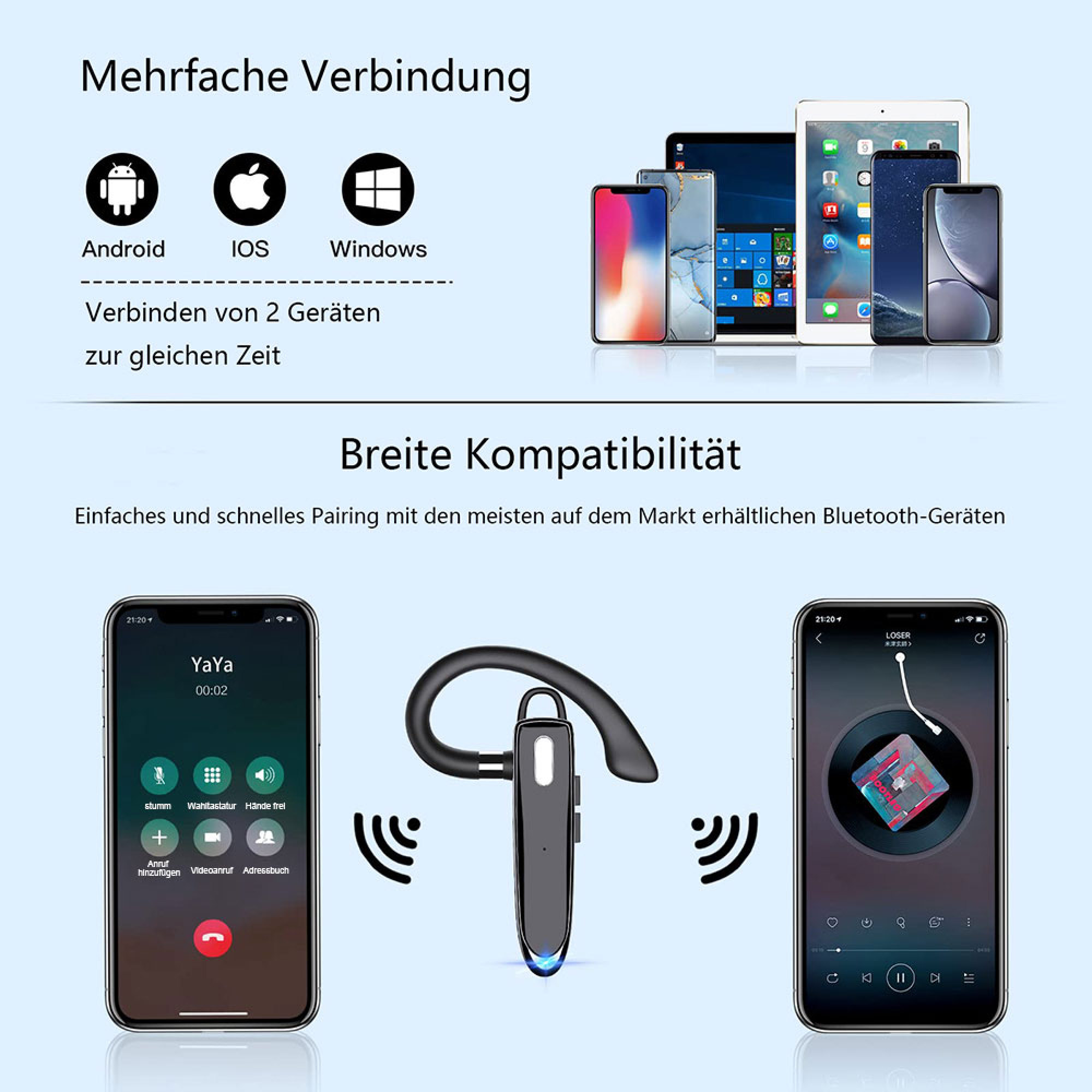 Bluetooth-Headset verbindet sich mit zwei Telefonen, eines zeigt einen Anruf, das andere Musik.