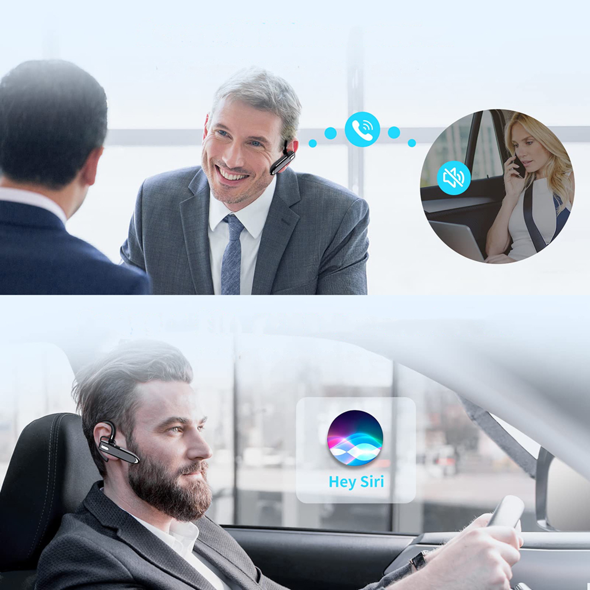 Mann im Auto mit Headset, der Siri benutzt. Oben: Geschäftsmänner und Frau im Auto.