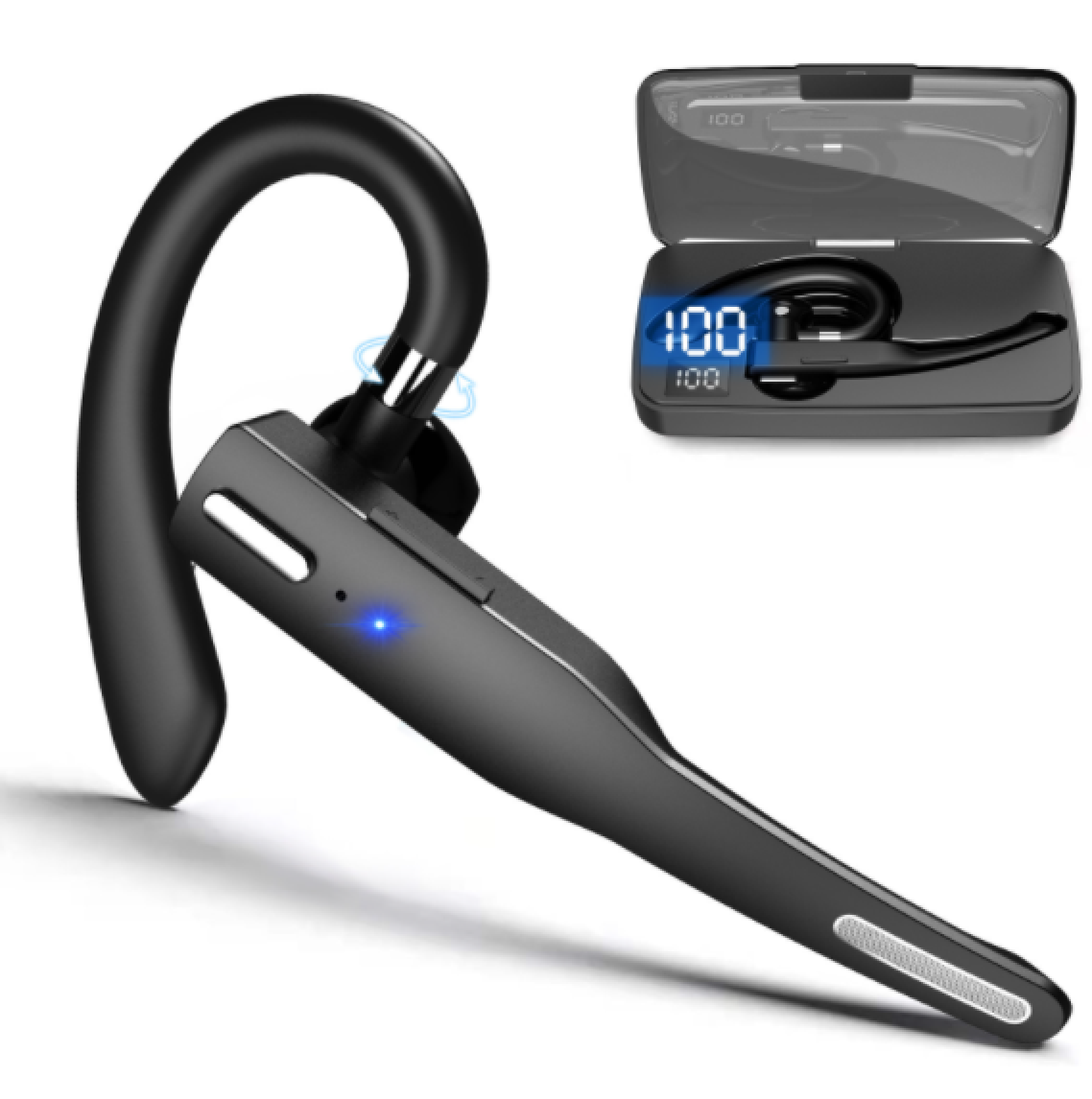 Schwarzer Bluetooth-Kopfhörer mit Ladecase und digitaler Anzeige.