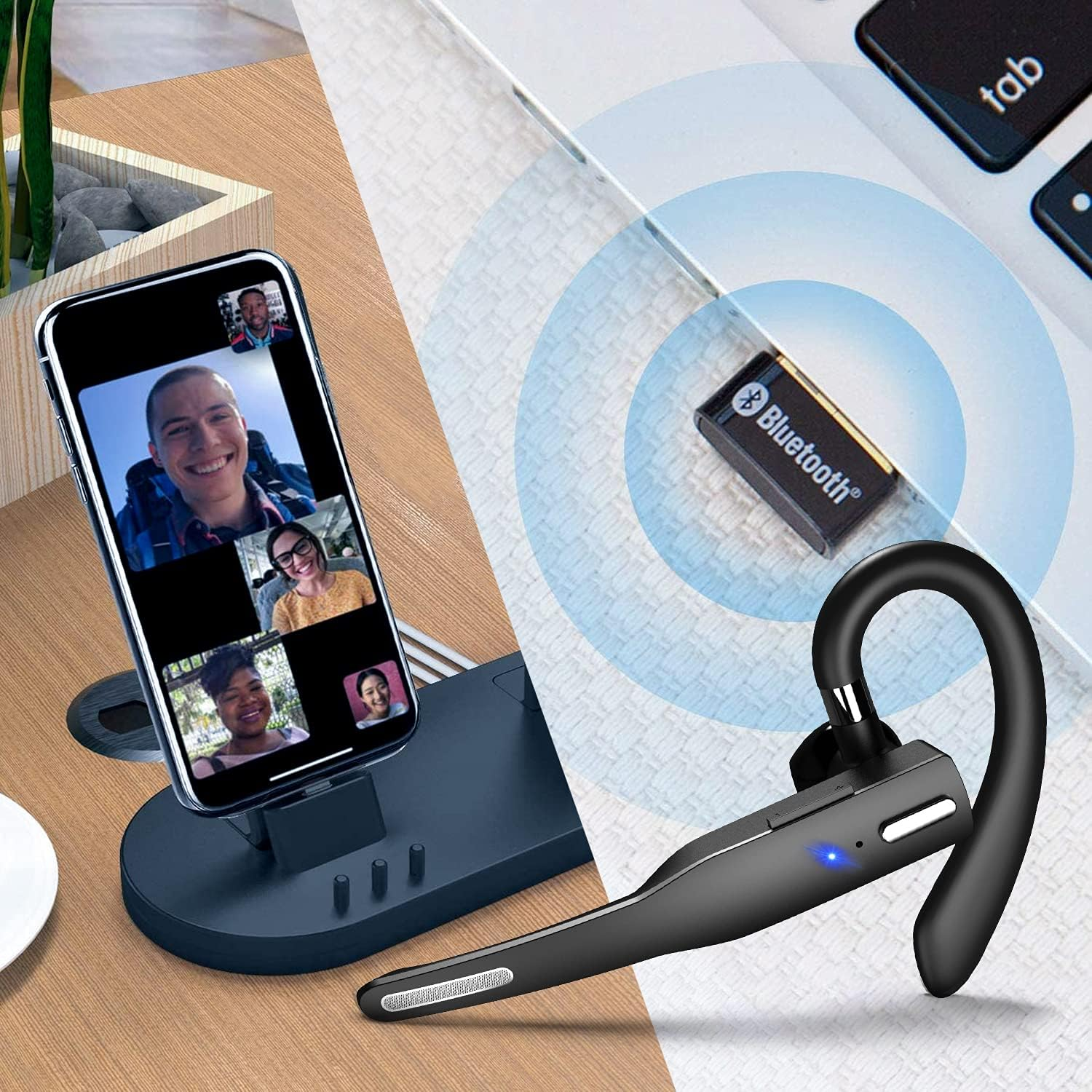 Ein Smartphone zeigt einen Videoanruf mit vier Personen. Daneben sind ein Bluetooth-Adapter und ein Headset.