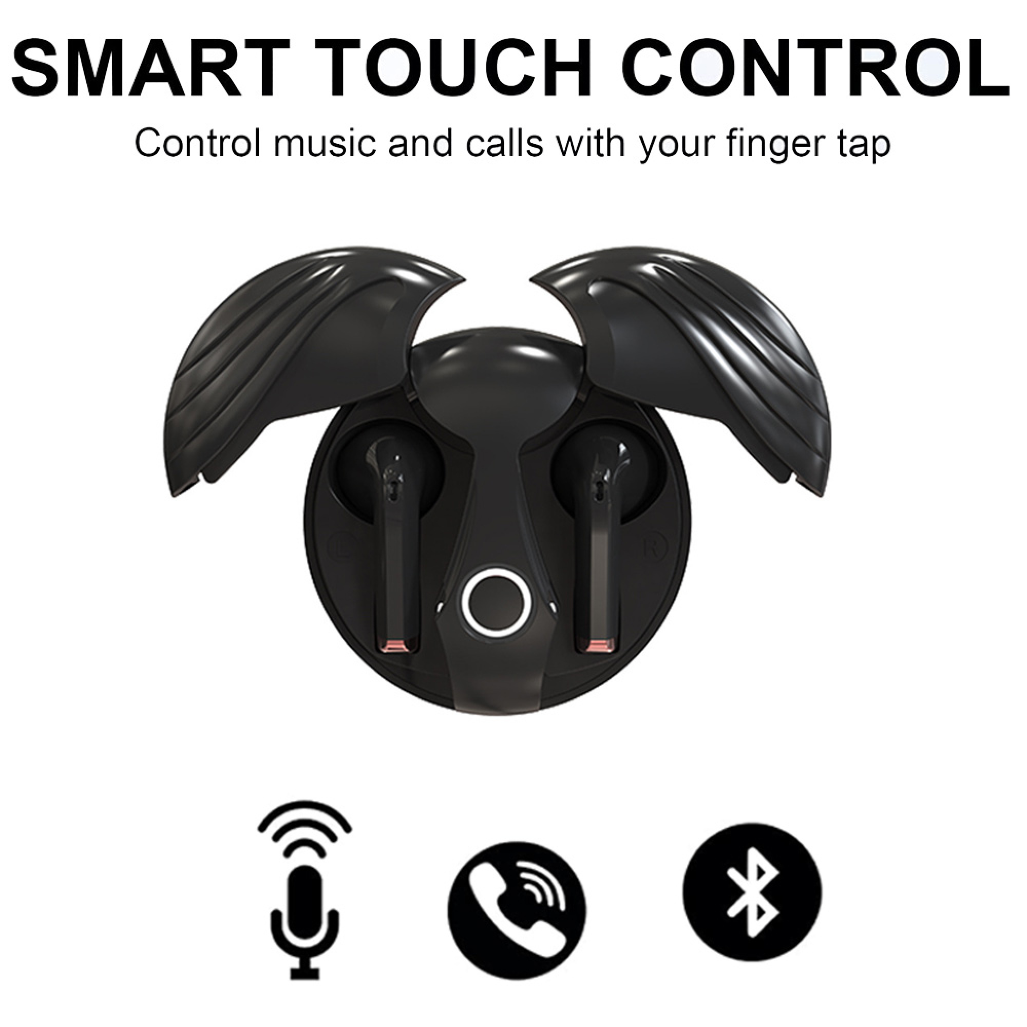 Schwarze Kopfhörer in einem Ladecase mit Flügeln. Symbole für Mikrofon, Anruf und Bluetooth.