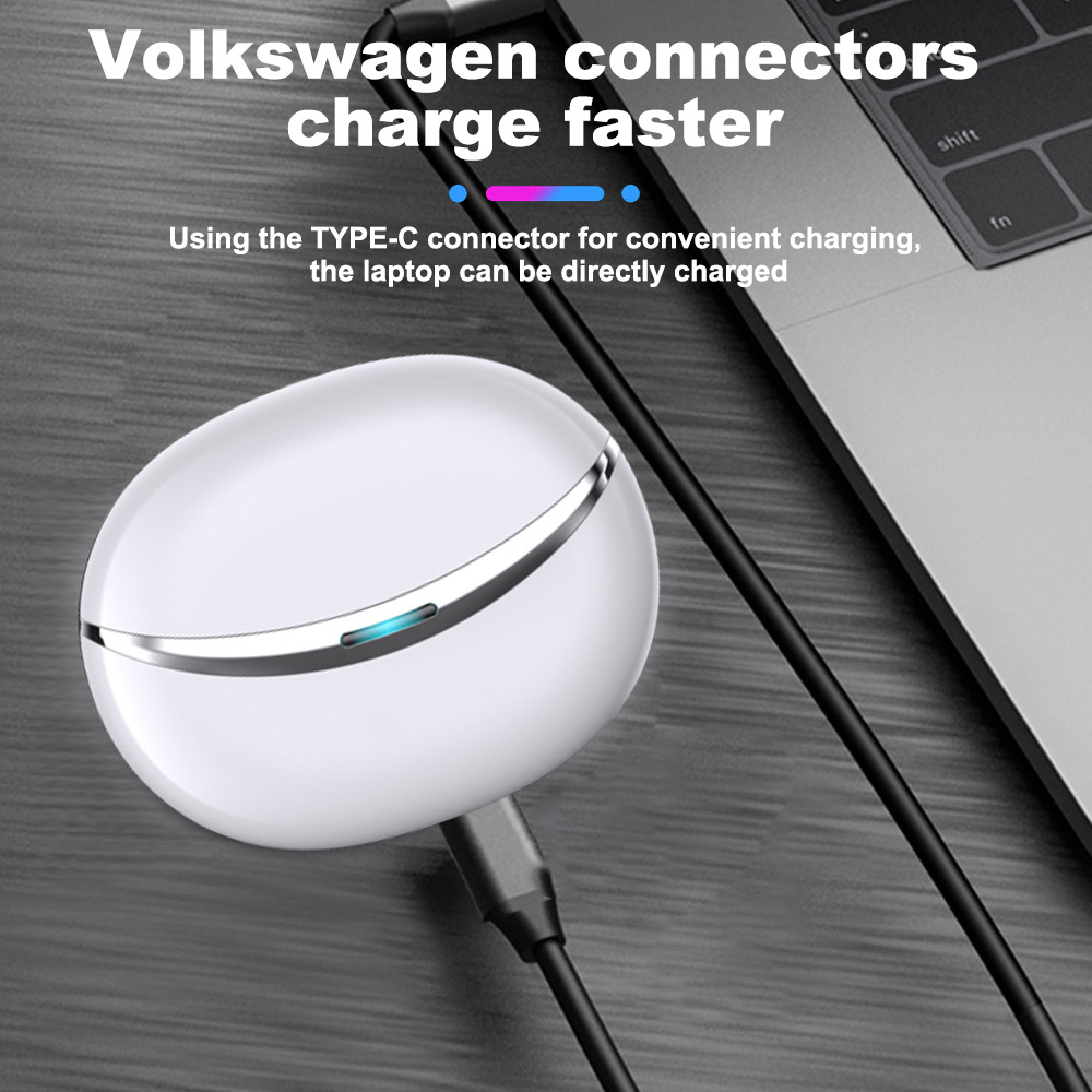 Weiße Ladehülle, verbunden mit einem Laptop über USB-C. Text: 'Volkswagen connectors charge faster'.