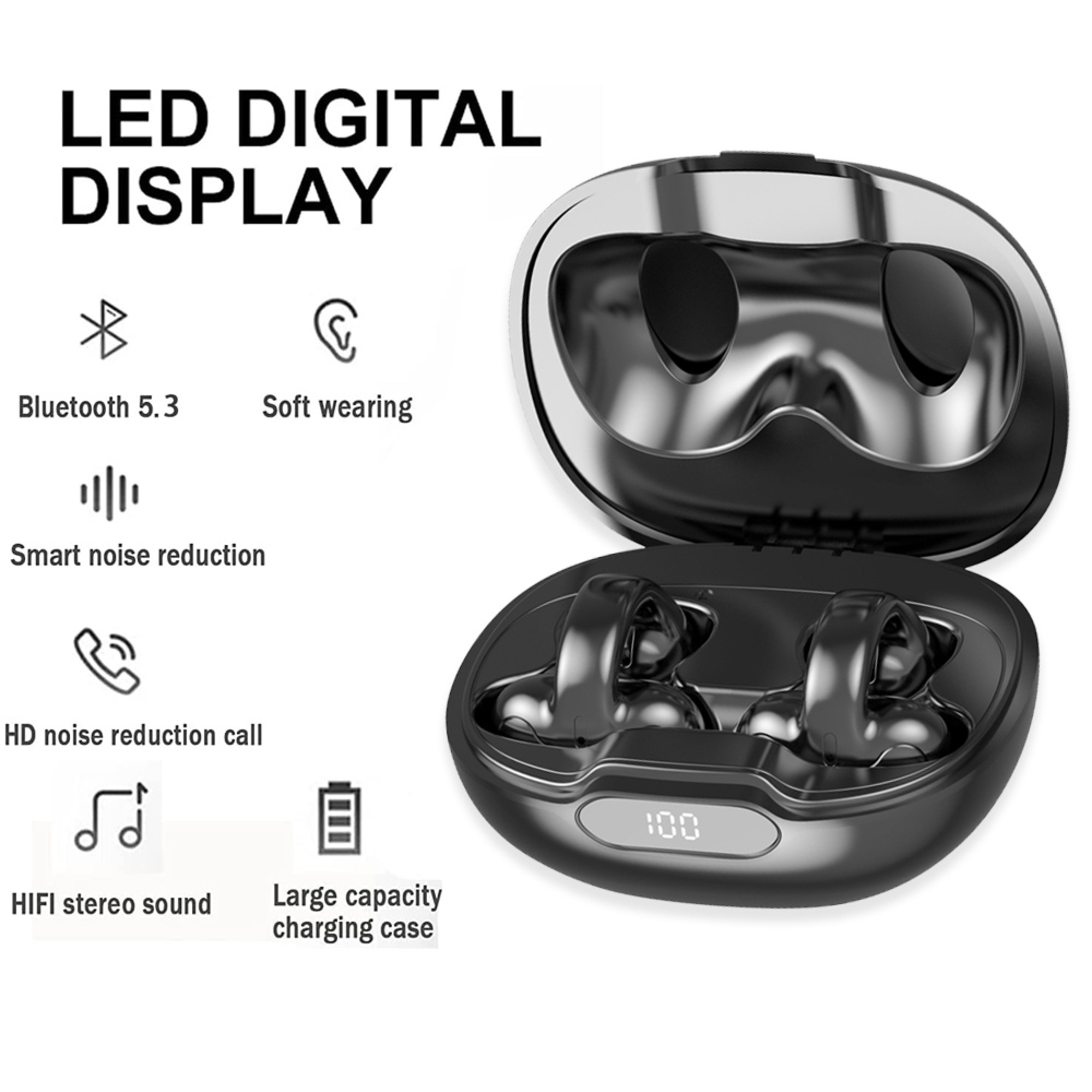 Schwarze kabellose Ohrhörer in einer offenen Ladehülle mit LED-Anzeige (100).