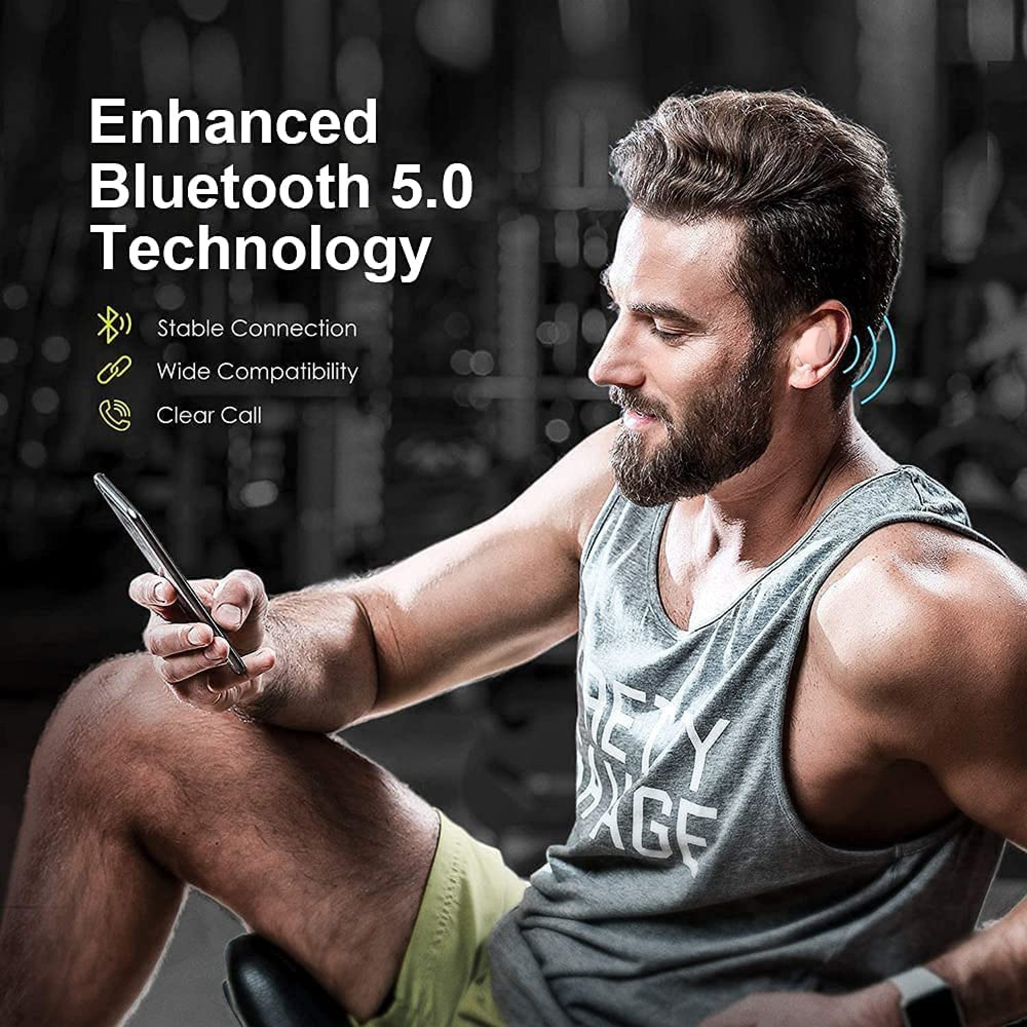 Mann mit Bart im Tanktop hält Handy. Text: Enhanced Bluetooth 5.0 Technology.