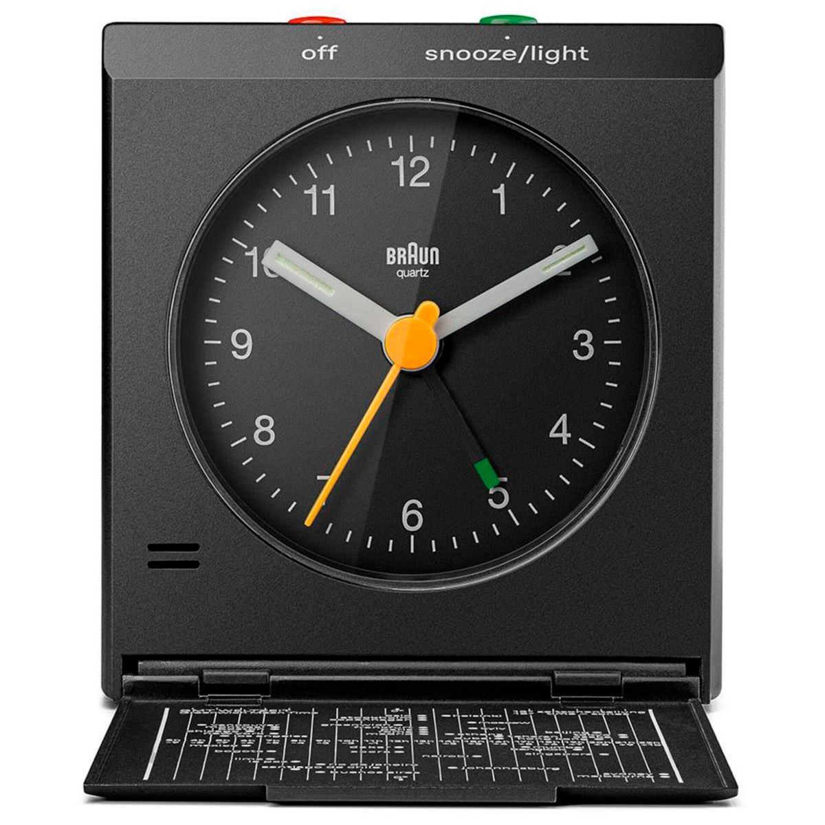 Schwarzer Braun Wecker mit aufklappbarem Ständer und Anleitungen.