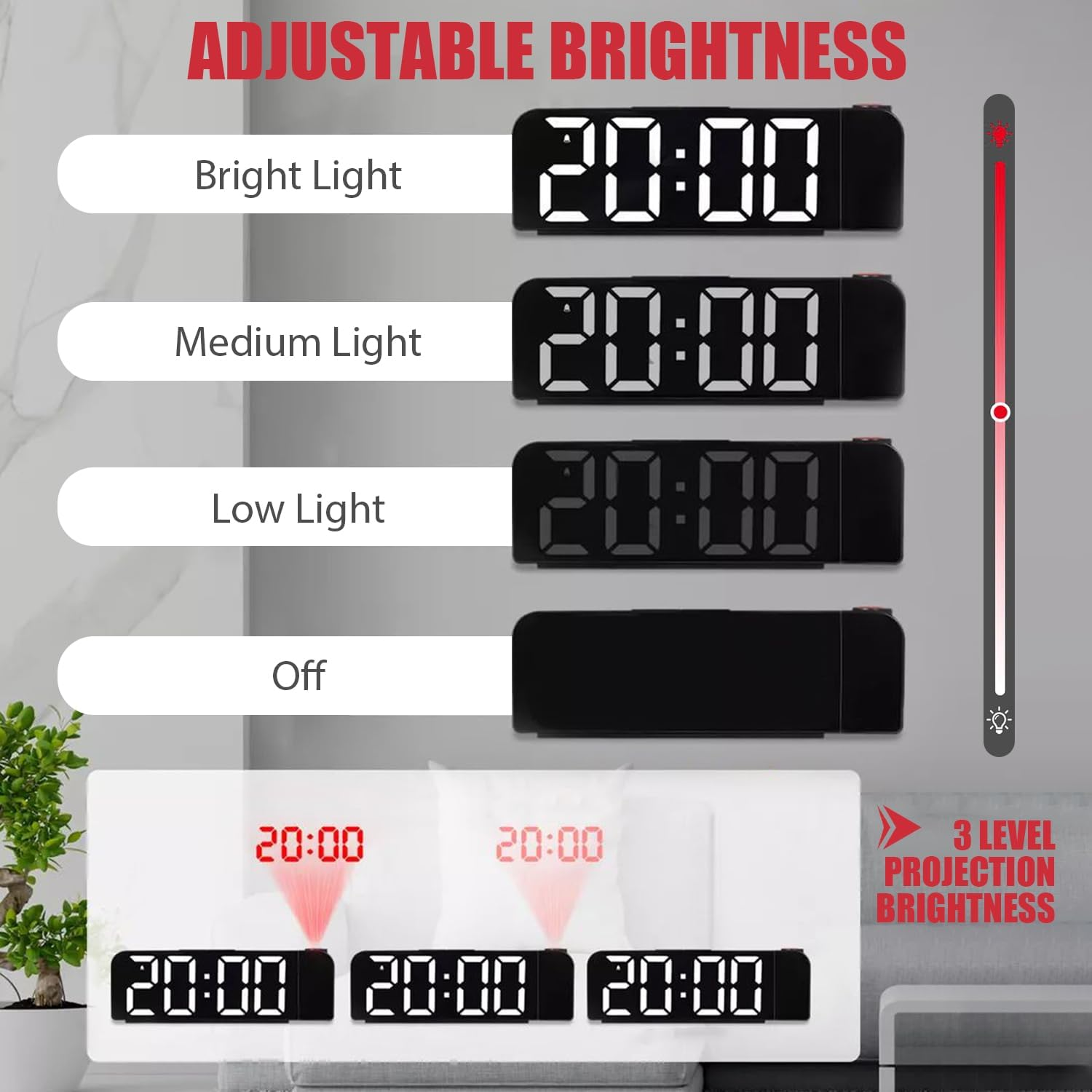 Digitaluhr mit einstellbarer Helligkeit zeigt 20:00 an. Verschiedene Helligkeitsstufen.