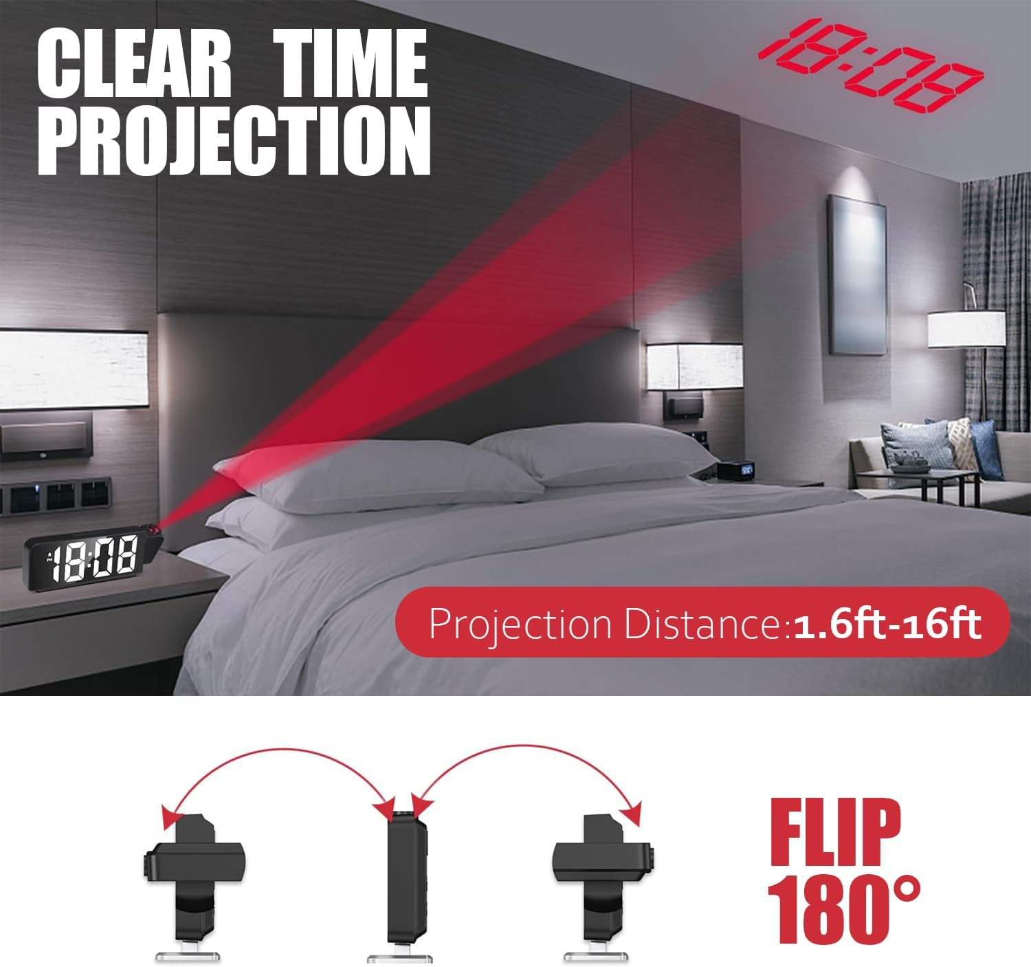 Digitaluhr projiziert rote Zeit an die Decke. Bett im Schlafzimmer.