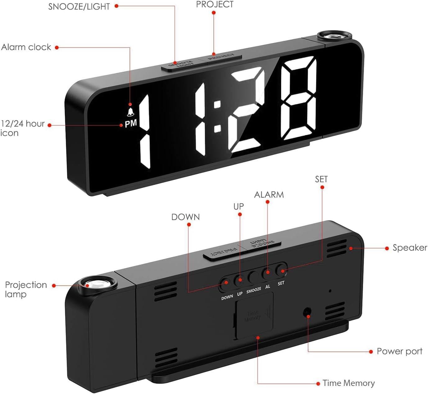Ein schwarzer Digitalwecker mit Projektionslampe, beleuchtetem Display und Tasten.