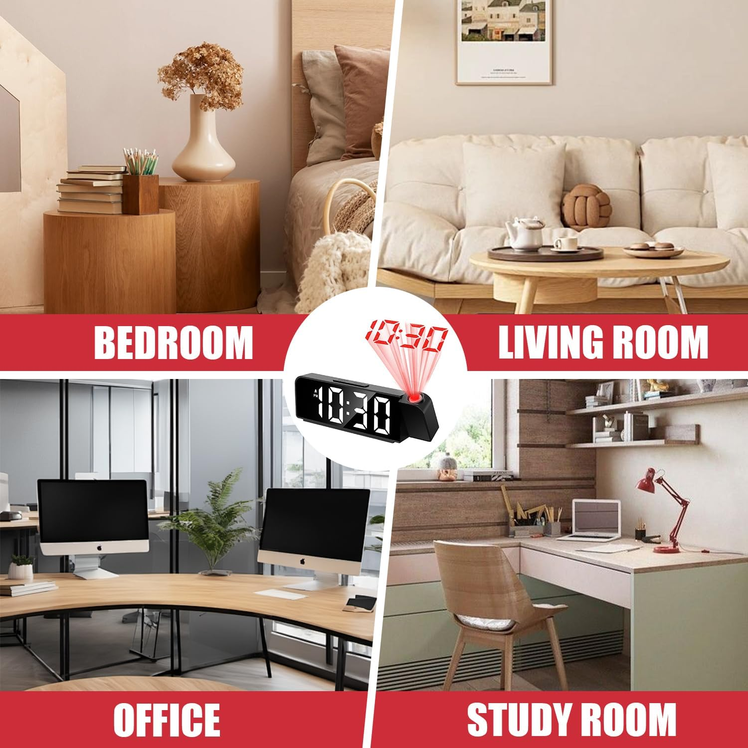 Vier Räume: Schlafzimmer, Wohnzimmer, Büro und Arbeitszimmer mit digitaler Uhr.