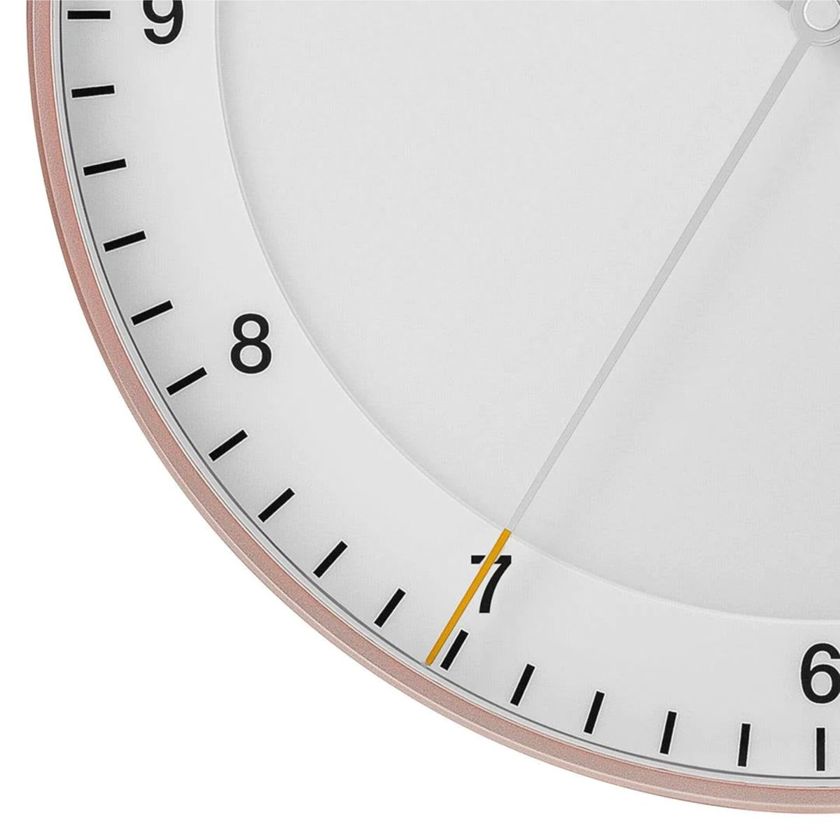 Nahaufnahme einer Uhr mit rosa Rahmen, Zahlen 6, 8, 9 und Strichen.