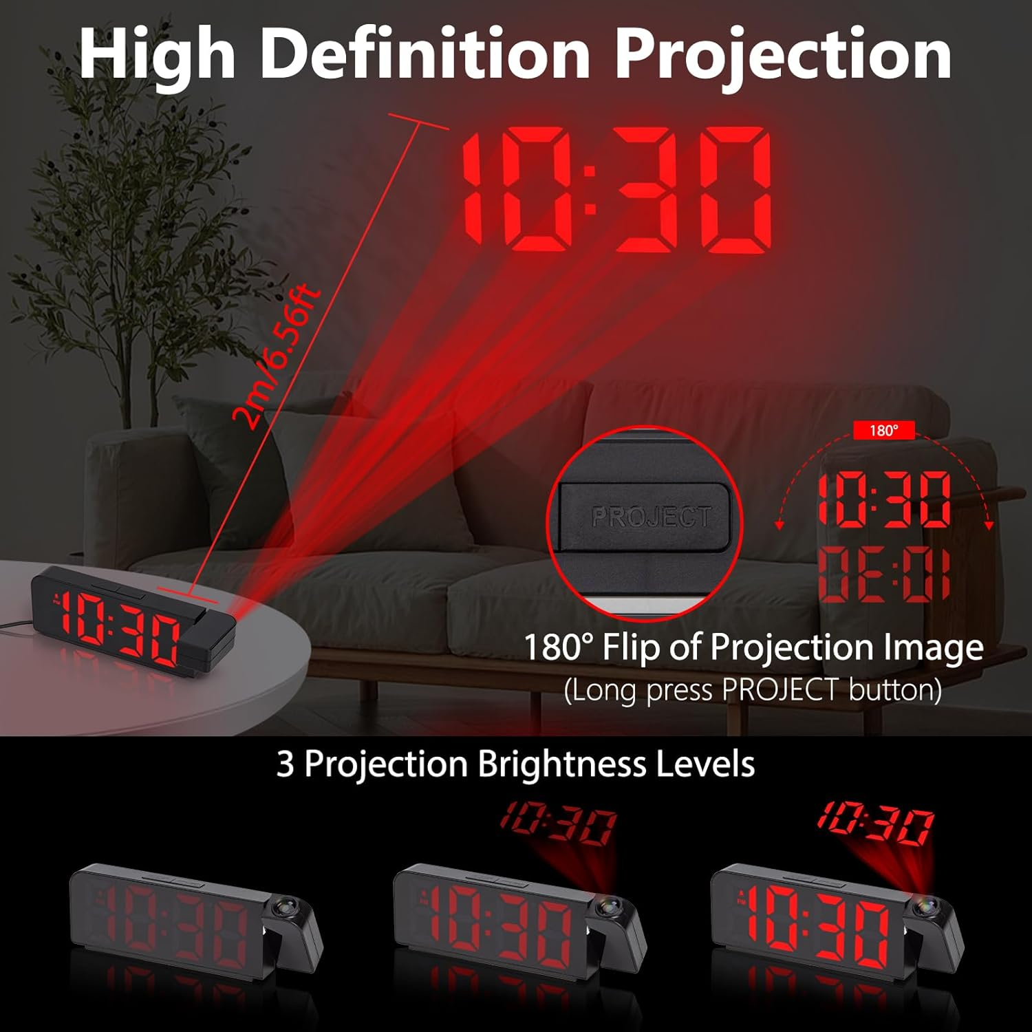 Digitaluhr mit 3 Helligkeitsstufen projiziert 10:30 an Wand. 180° Flip-Funktion.
