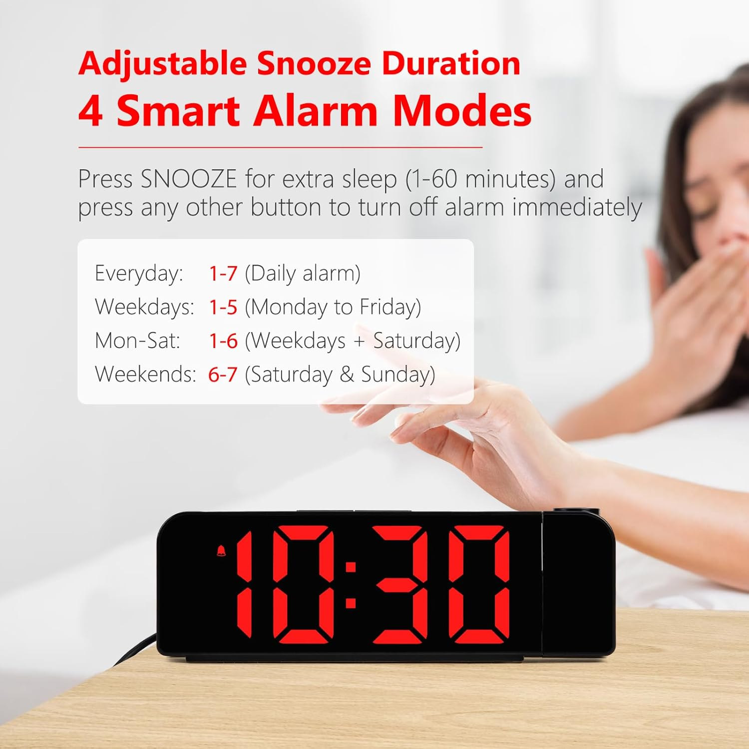 Digitaluhr zeigt 10:30 an, mit Text über Alarmmodi und Snooze-Dauer.
