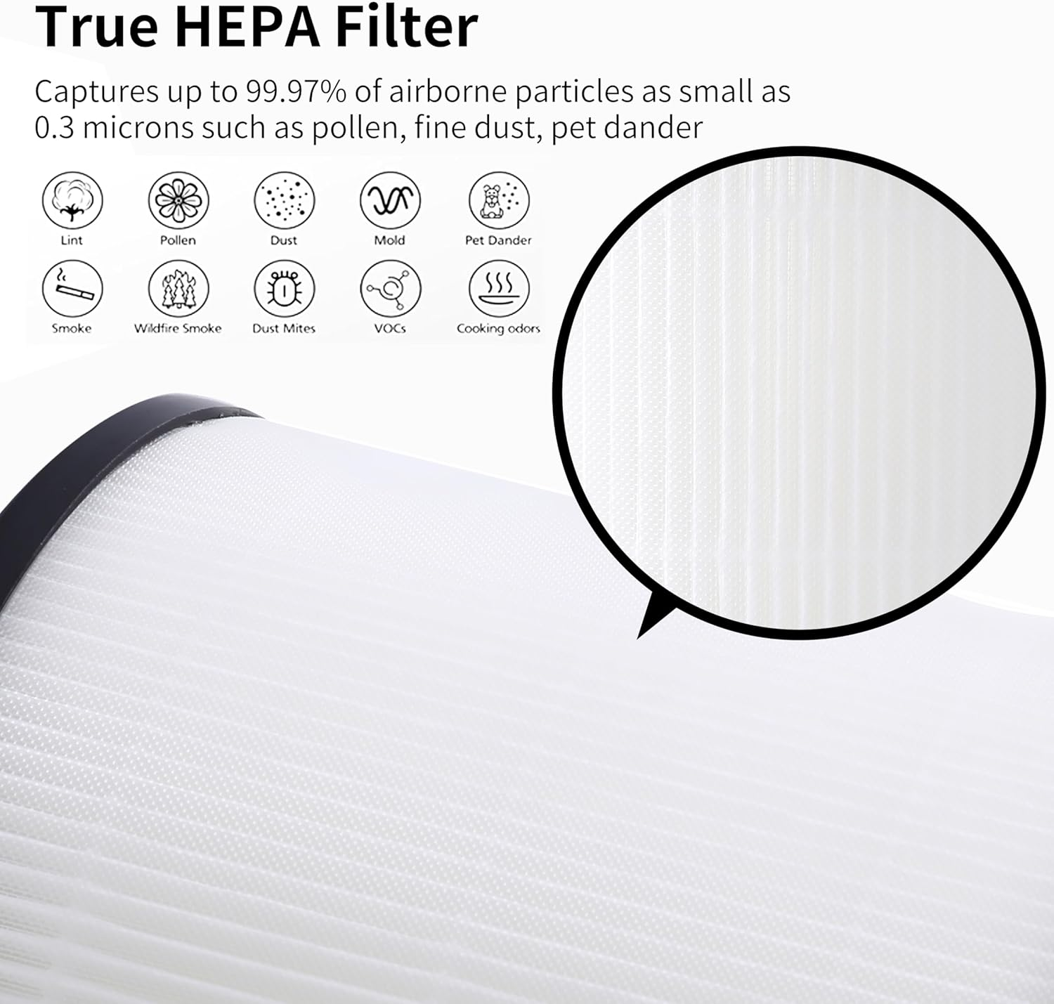 Ein echter HEPA-Filter mit Icons für Pollen, Staub, Rauch und mehr.