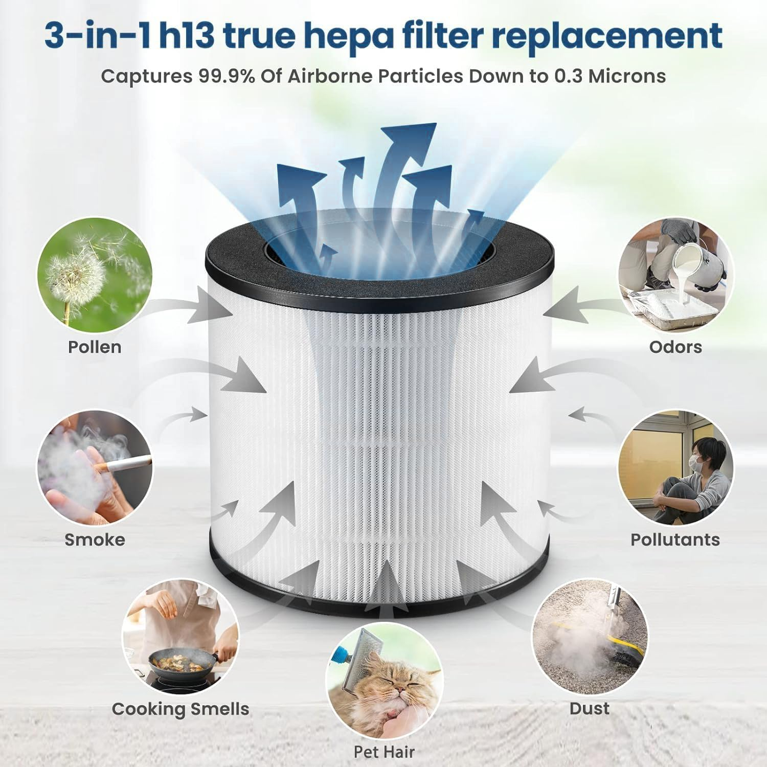 Ein HEPA-Filter mit Luftstrompfeilen. Daneben: Pollen, Rauch, Kochgerüche, Staub, Tierhaare, Gerüche, Schadstoffe.