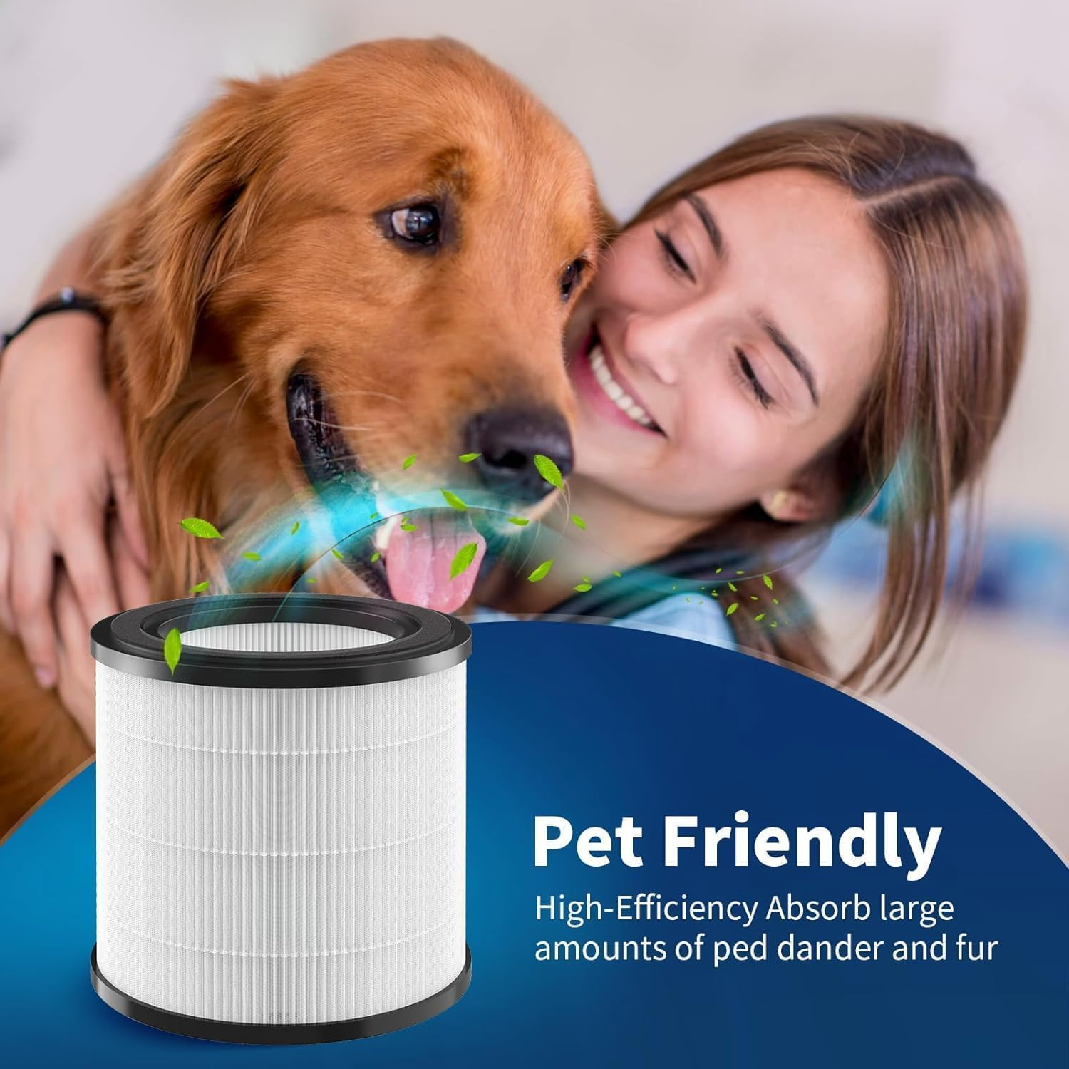 Ein golden Retriever kuschelt mit einer Frau, ein Luftfilter ist daneben.
