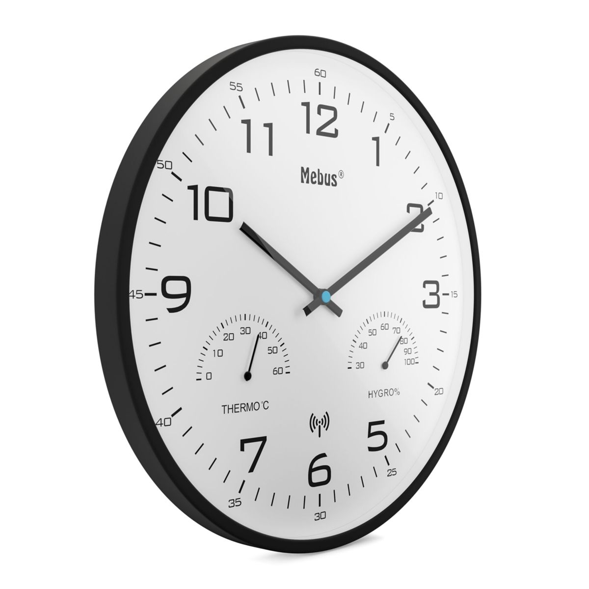 Eine Wanduhr mit Thermometer und Hygrometer, die 10:09 Uhr anzeigt.