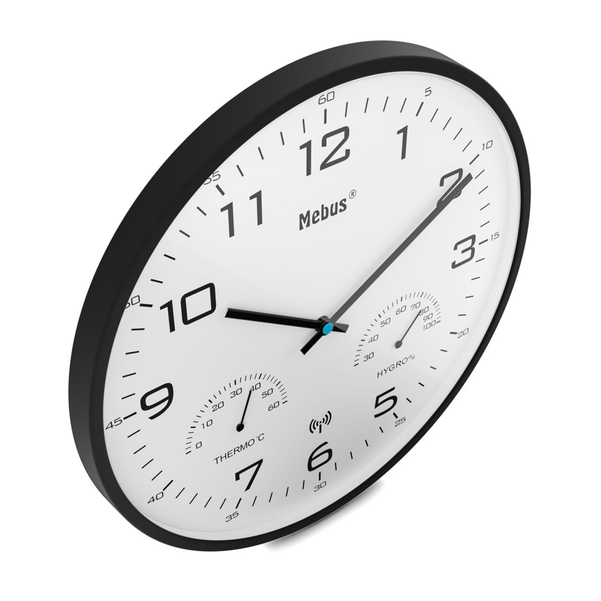 Eine Mebus-Uhr mit Stunden-, Minuten-, Sekundenzeigern, Thermometer und Hygrometer.