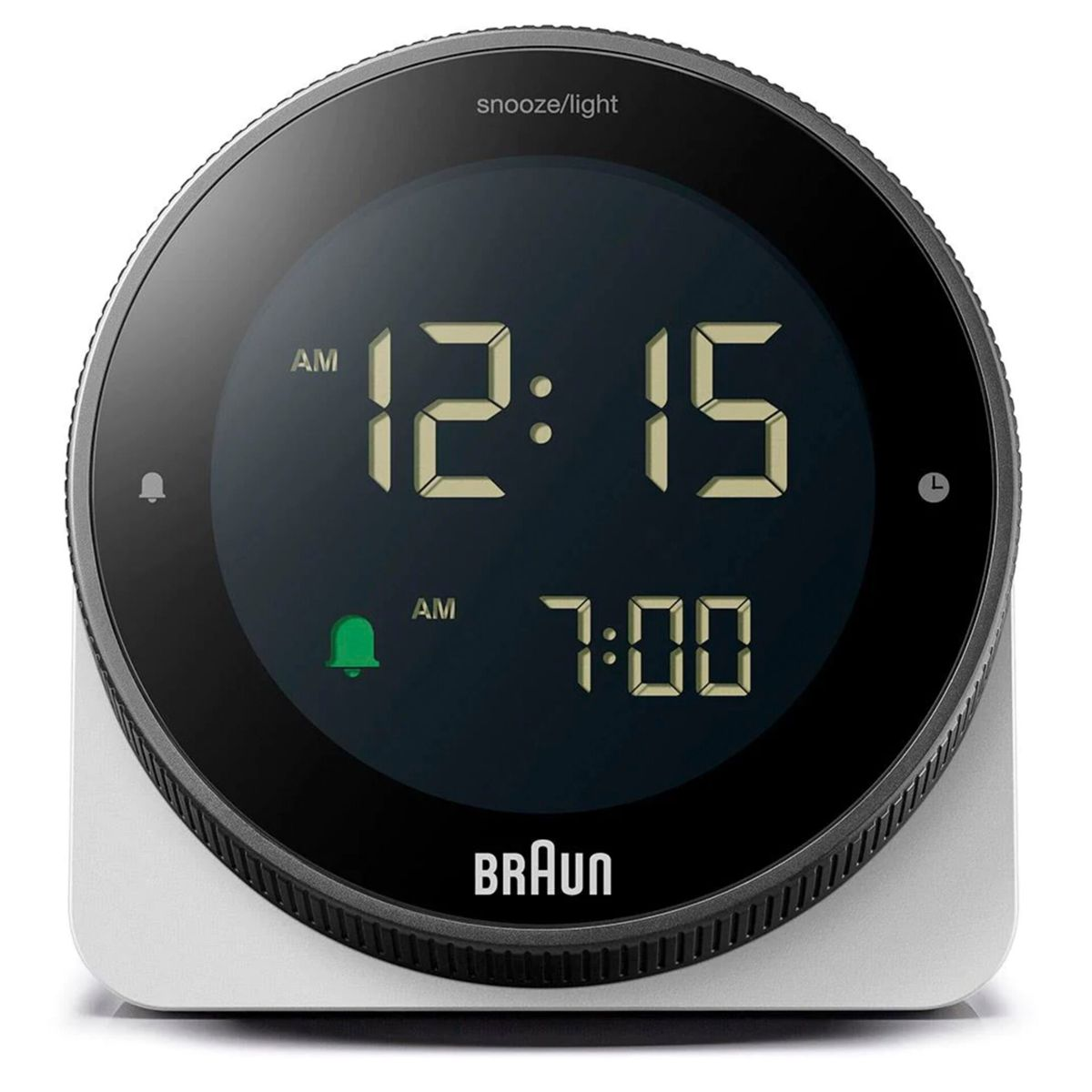 Digitaler Braun Wecker mit Zeit 12:15 und Alarm 7:00, Snooze/Licht.