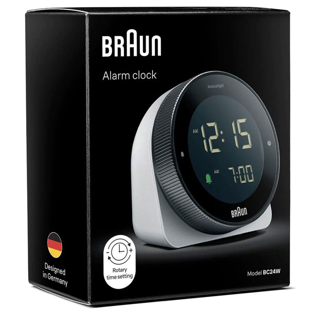 Braun Wecker auf schwarzer Verpackung, zeigt 12:15 und 7:00 an.