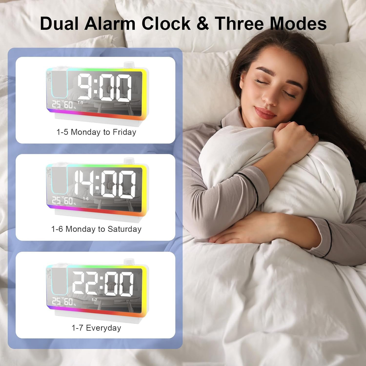 Digitaluhr mit 3 Alarmmodi: 9:00 Mo-Fr, 14:00 Mo-Sa, 22:00 Täglich.
