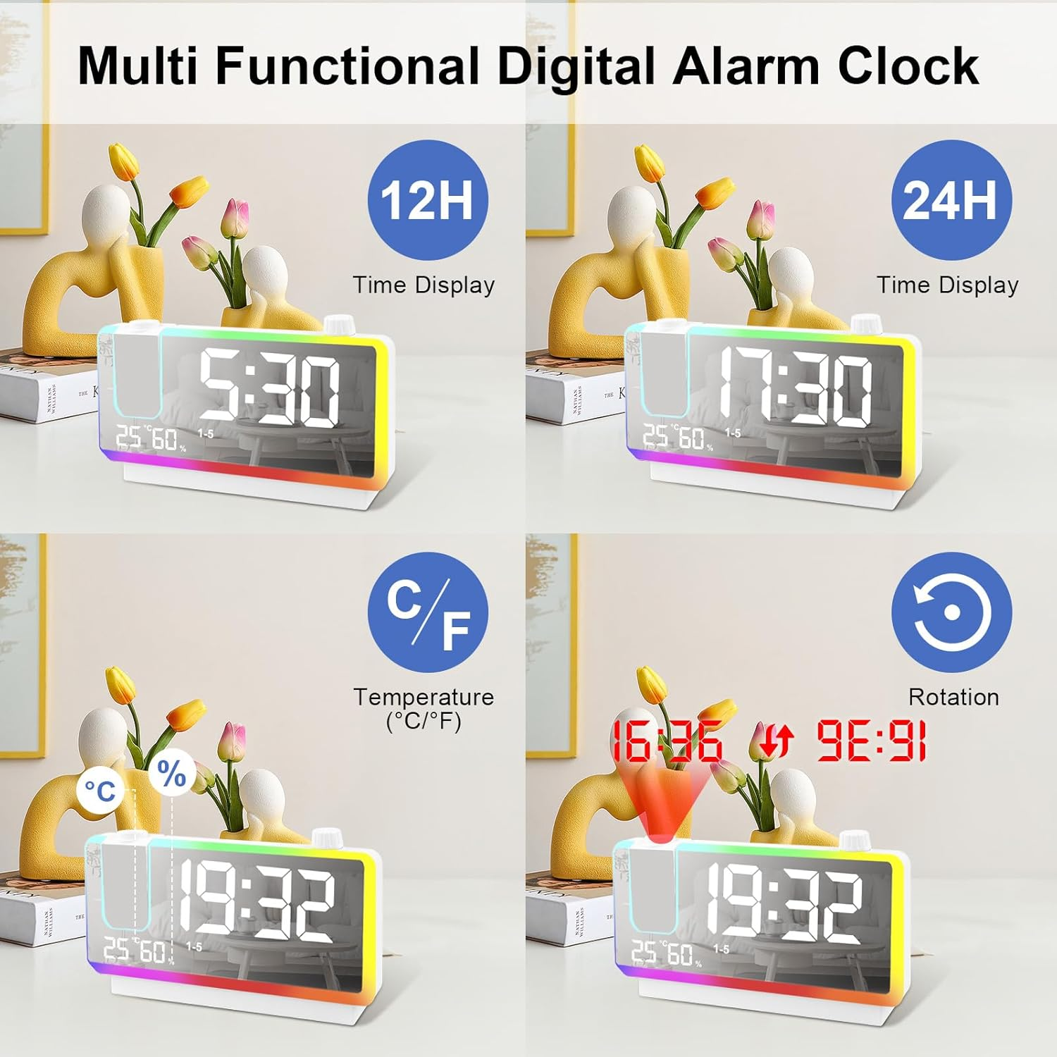 Digitaler Wecker zeigt 12H/24H Zeit, Temperatur und Rotation.